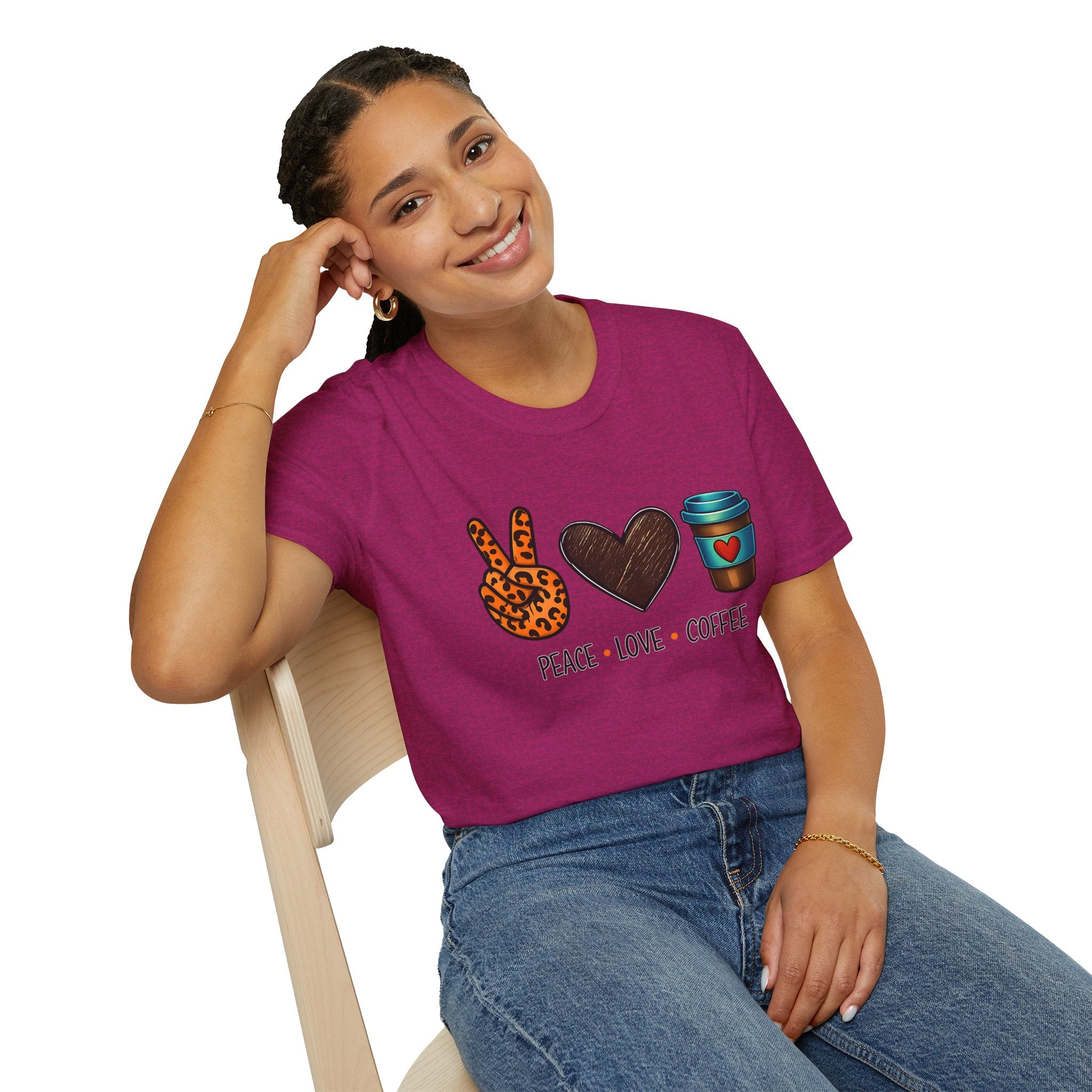 Peace Love Coffee T-Shirt — Retro Leopard Peace Sign & Heart Coffee Cup Tee