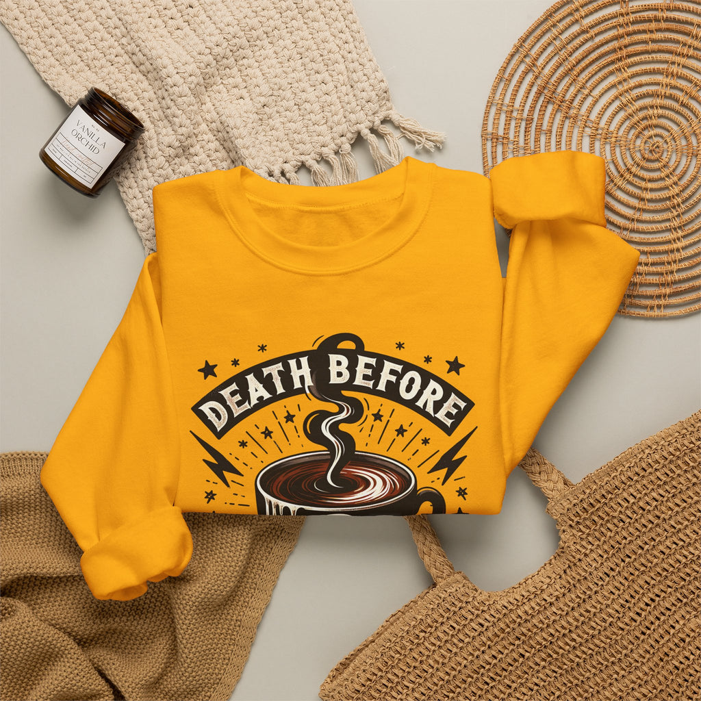 Crewneck Sweatshirt — "Death Before Decaf" Coffee Skull Graphic