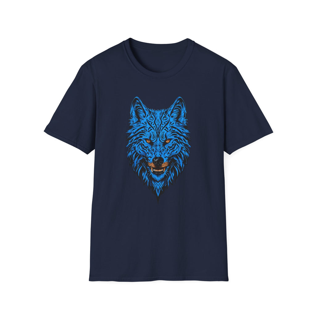 Blue Wolf Head T-Shirt – Stylized Tribal Wolf Graphic Tee