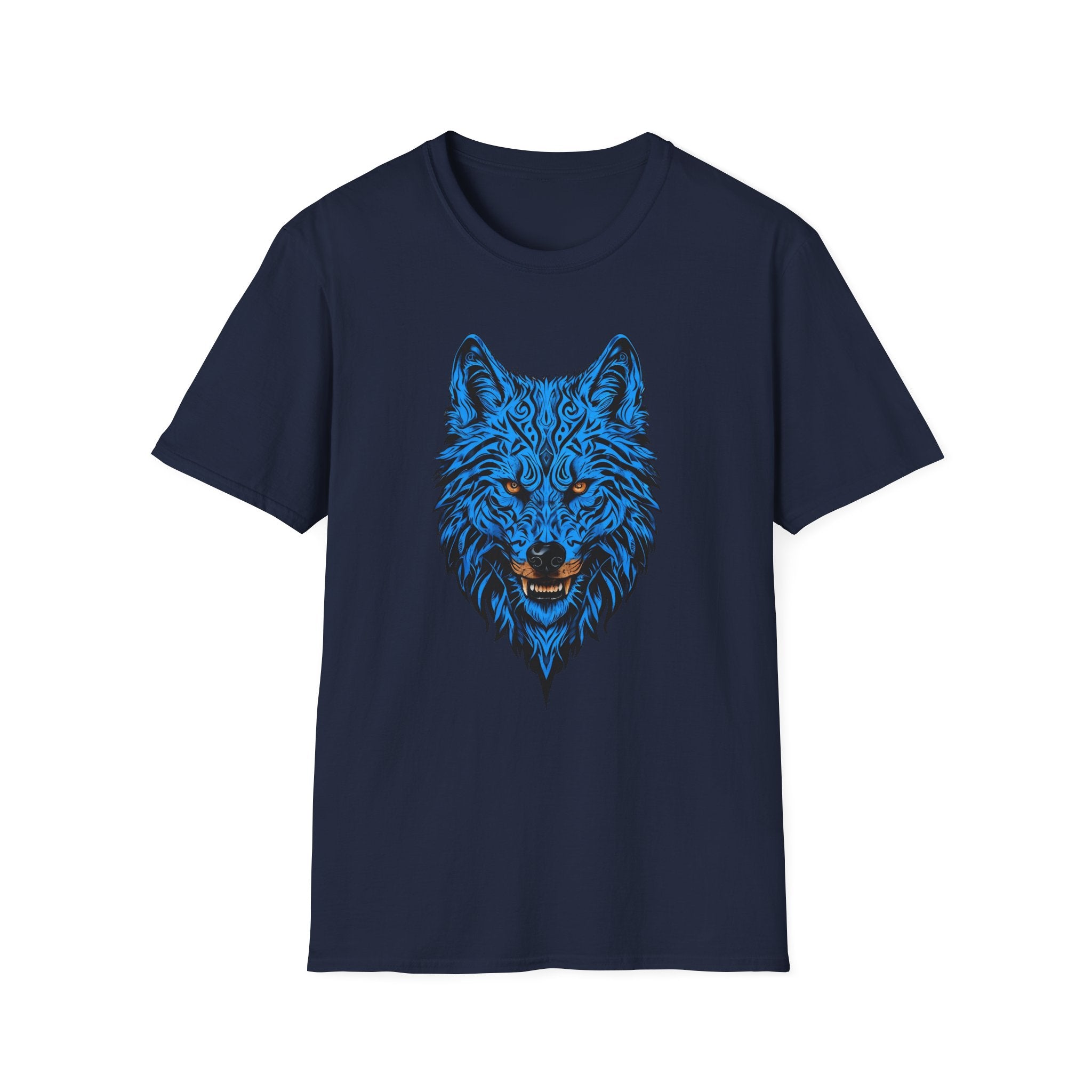 Blue Wolf Head T-Shirt – Stylized Tribal Wolf Graphic Tee