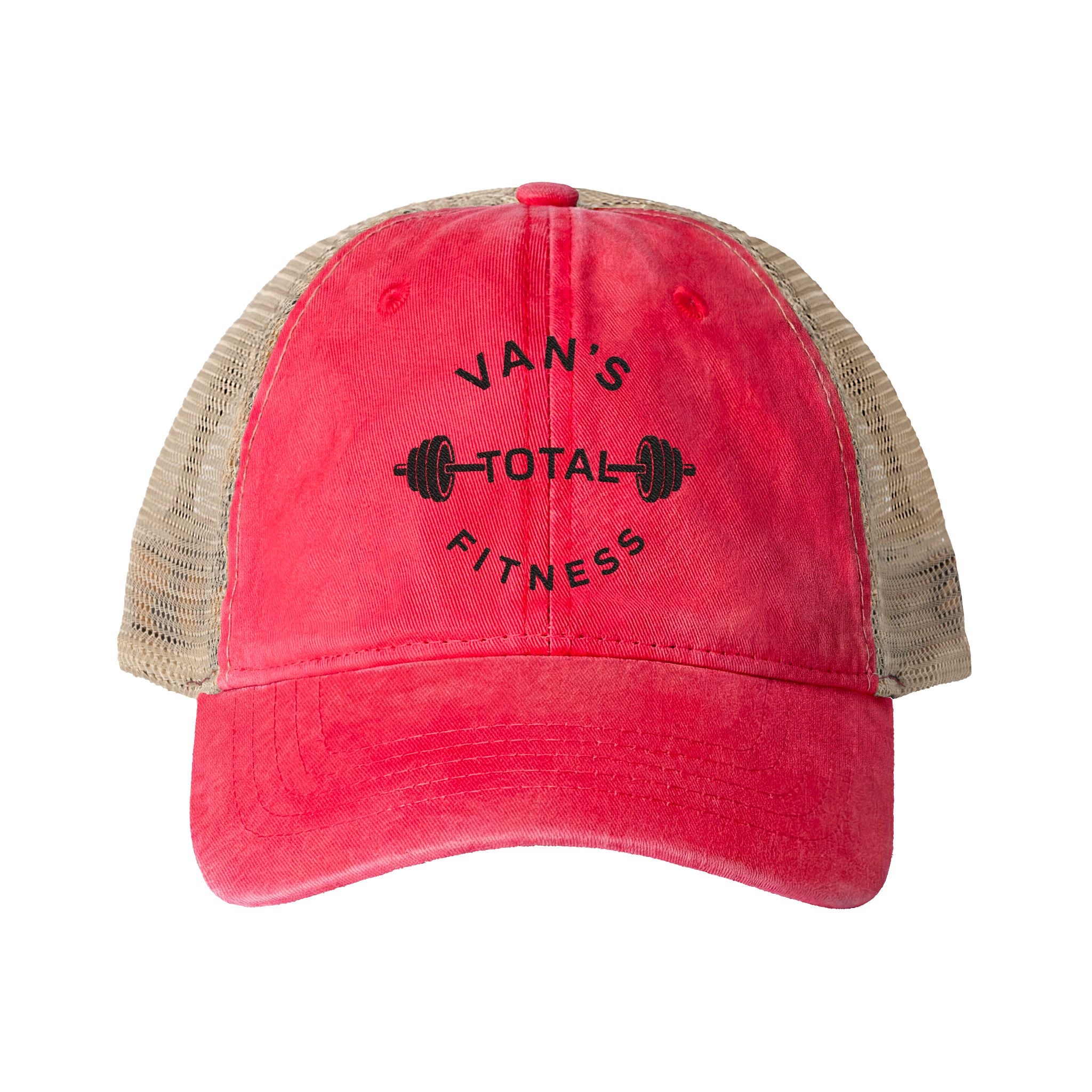 Embroidered "Van's Total Fitness" Barbell Washed Mesh-Ponytail Back Cap