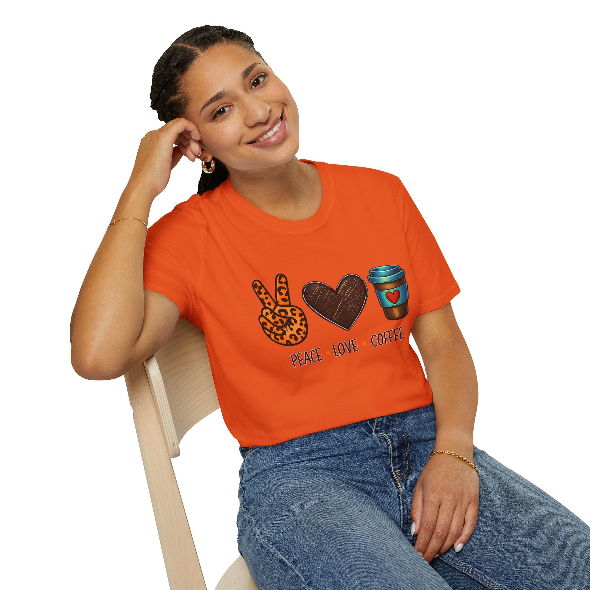 Peace Love Coffee T-Shirt — Retro Leopard Peace Sign & Heart Coffee Cup Tee