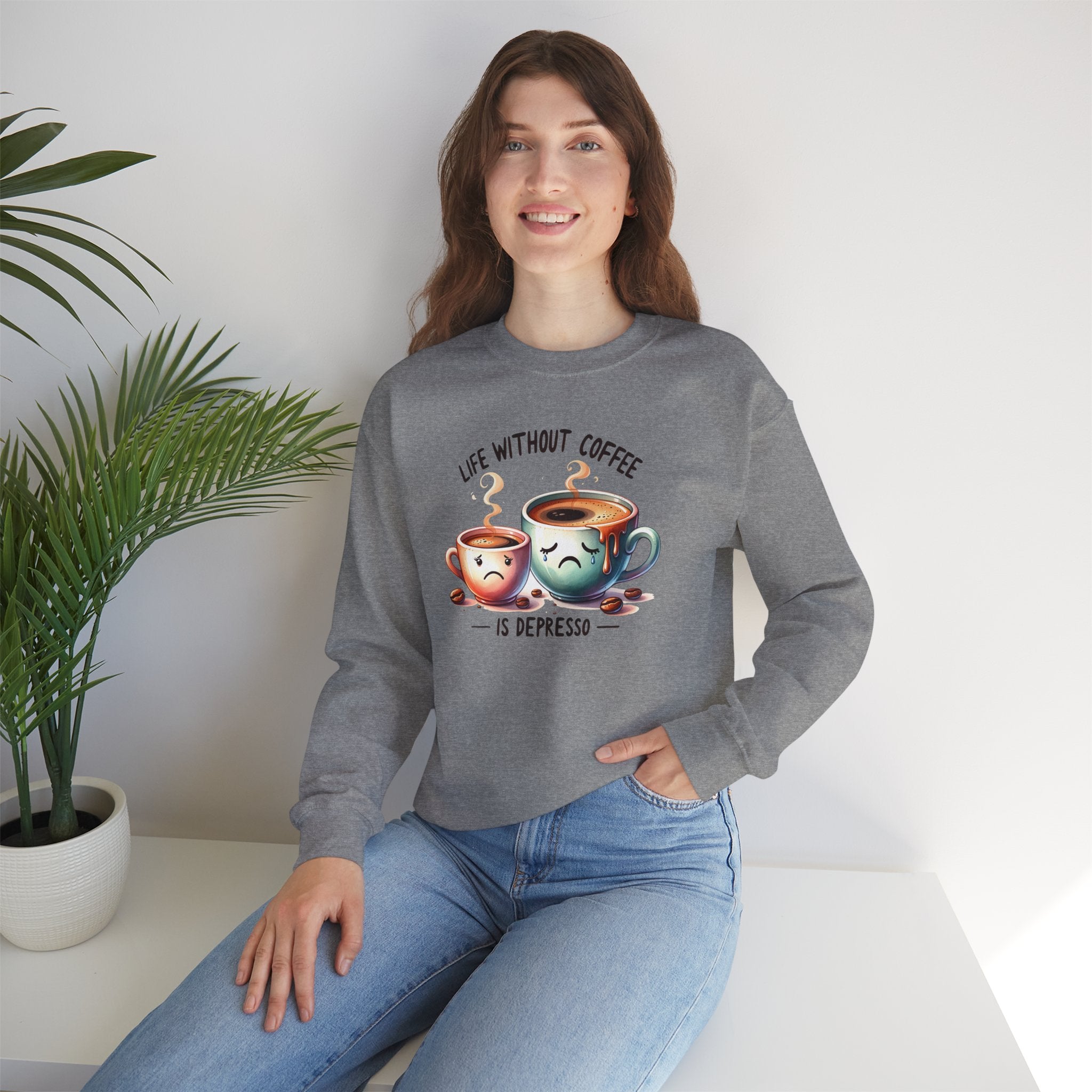 "Life Without Coffee Is Depresso" Cute Cafe Graphic — Coffee Crewneck Sweatshirt