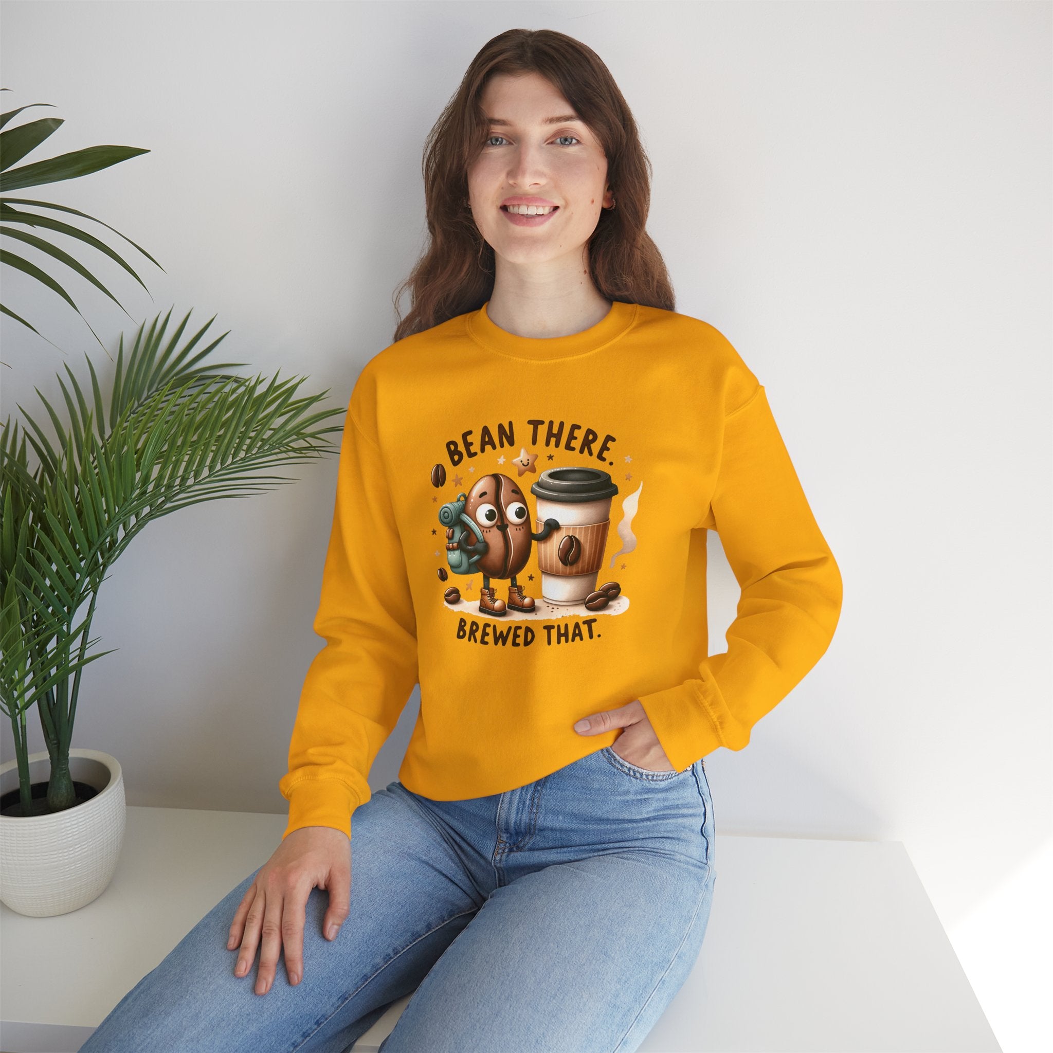 Coffee Crewneck Sweatshirt — “Bean There, Brewed That” Cute Coffee Bean Design