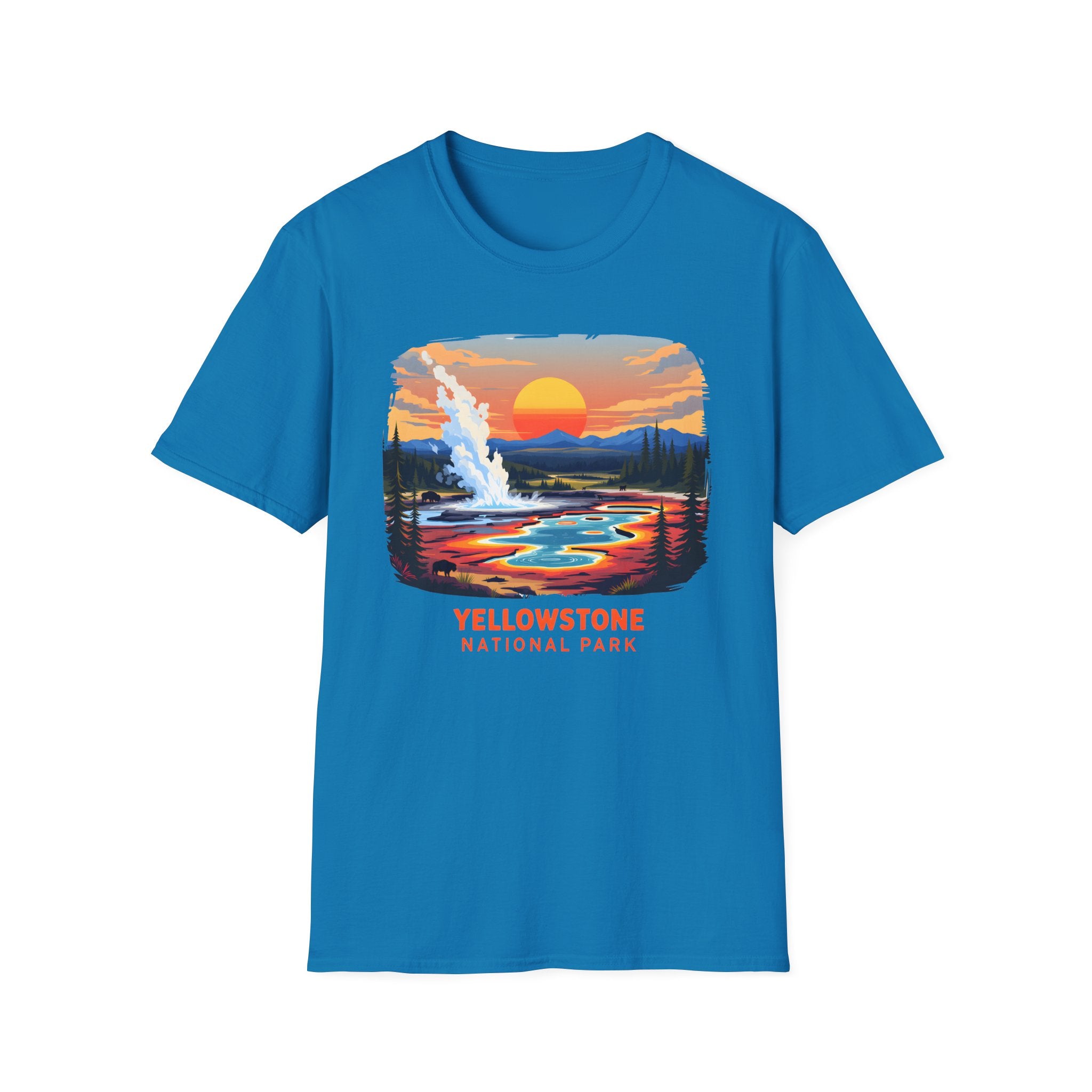 Yellowstone National Park Scenic T-Shirt — Geyser Sunset Graphic Tee