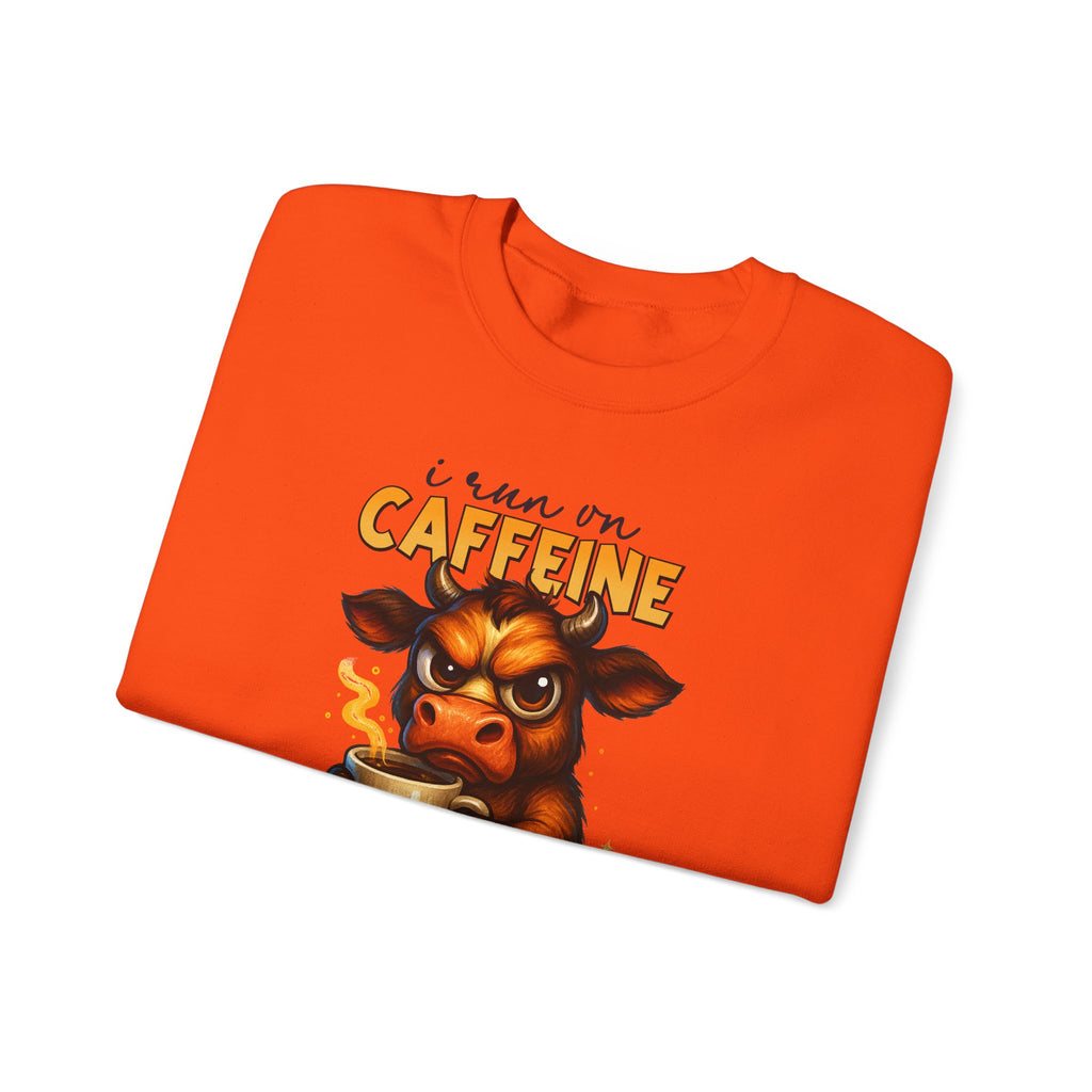 Caffeine-Fueled Cow Sweatshirt — "I Run on Caffeine and Questionable Decisions" Cozy Crewneck