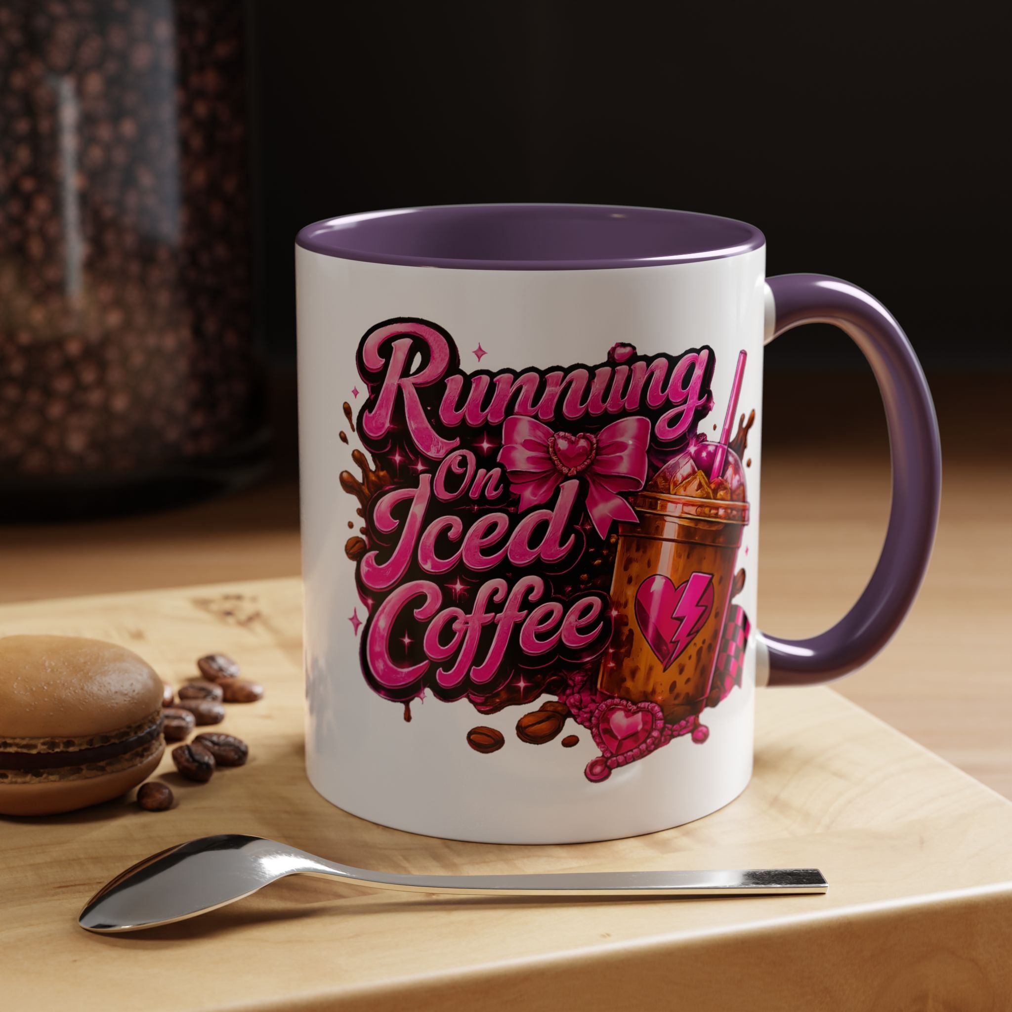 "Running on Iced Coffee" Pink Graphic Accent Mug (11/15oz) — Coffee Mug