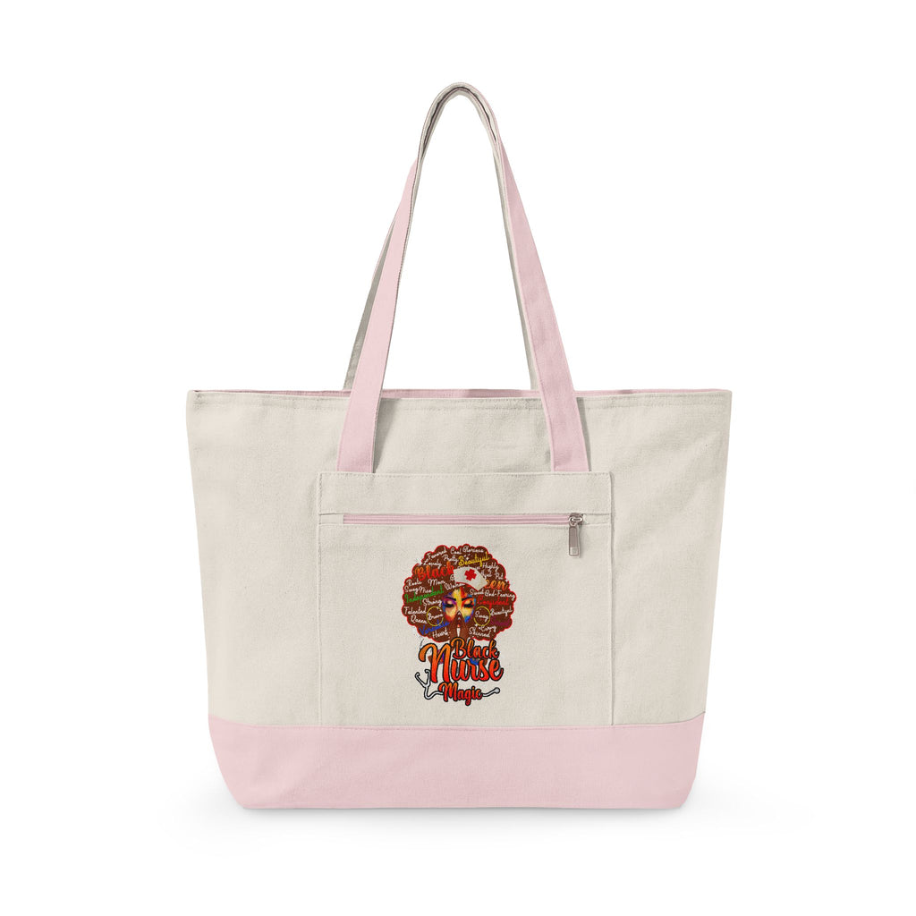 Black Nurse Magic w/Brown Afro Canvas Tote — Zippered Floral Calavera Bag