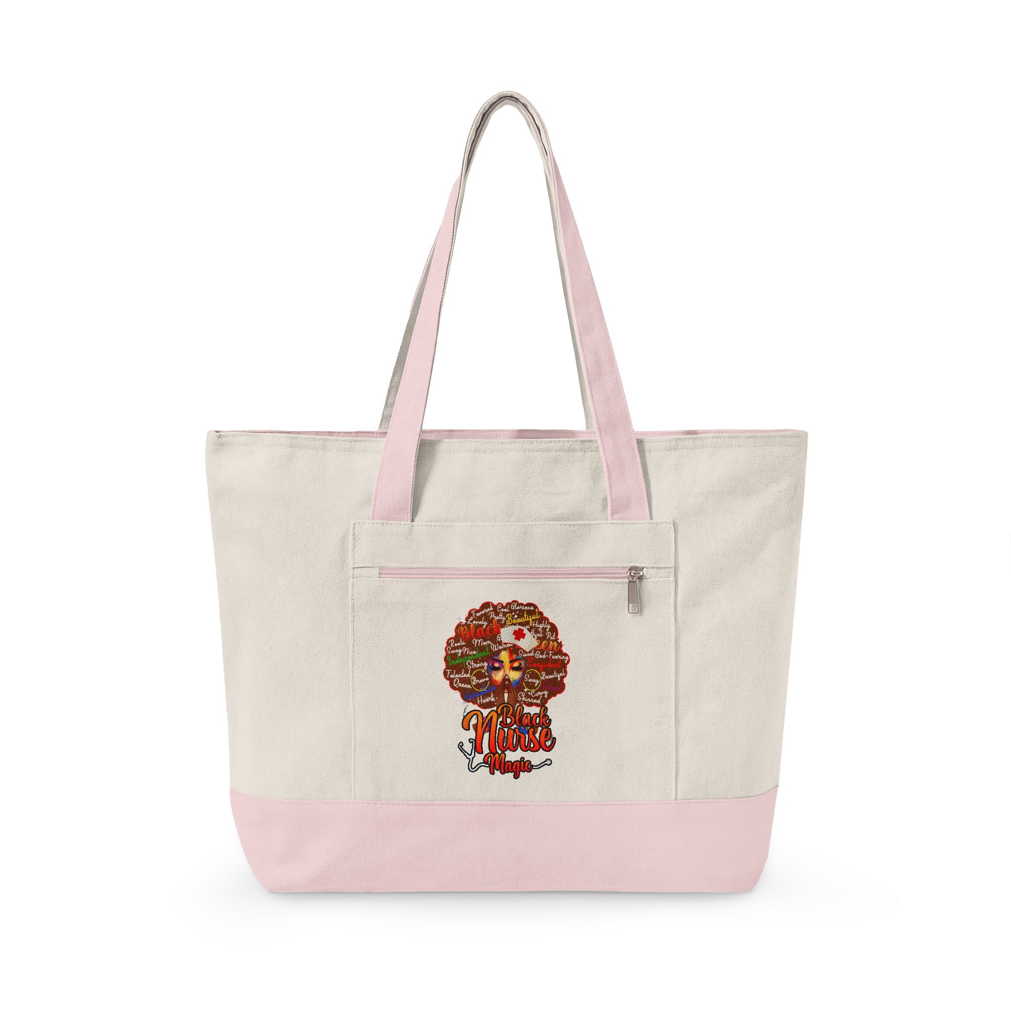 Black Nurse Magic w/Brown Afro Canvas Tote — Zippered Floral Calavera Bag
