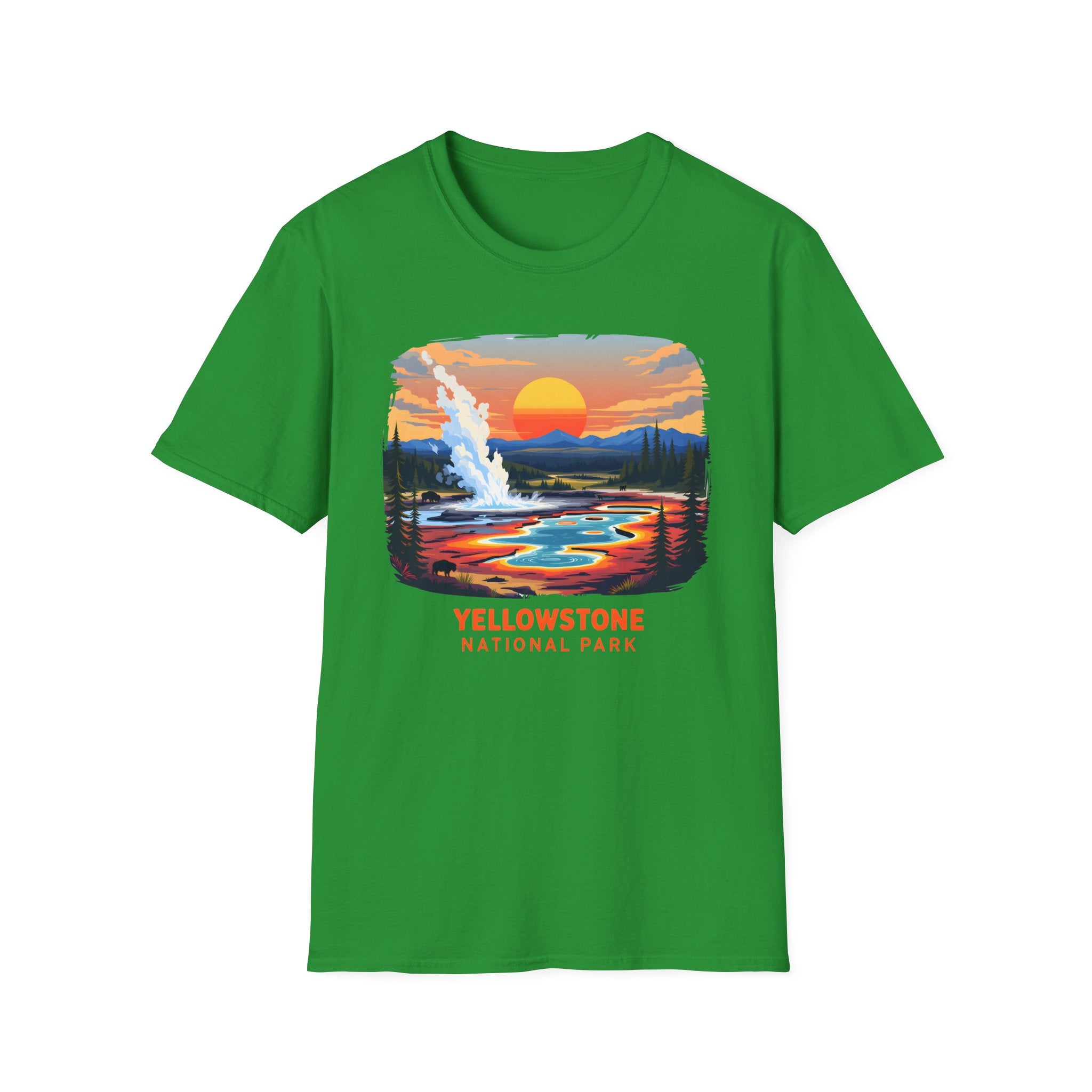 Yellowstone National Park Scenic T-Shirt — Geyser Sunset Graphic Tee