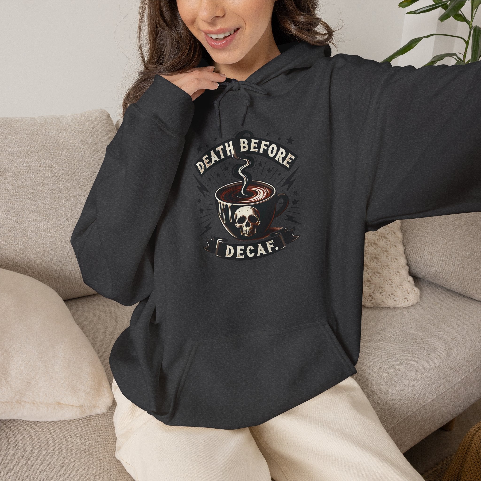 "Death Before Decaf" Coffee Skull Graphic Hoodie