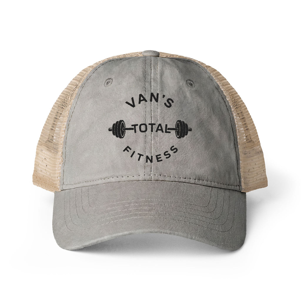 Embroidered "Van's Total Fitness" Barbell Washed Mesh-Ponytail Back Cap