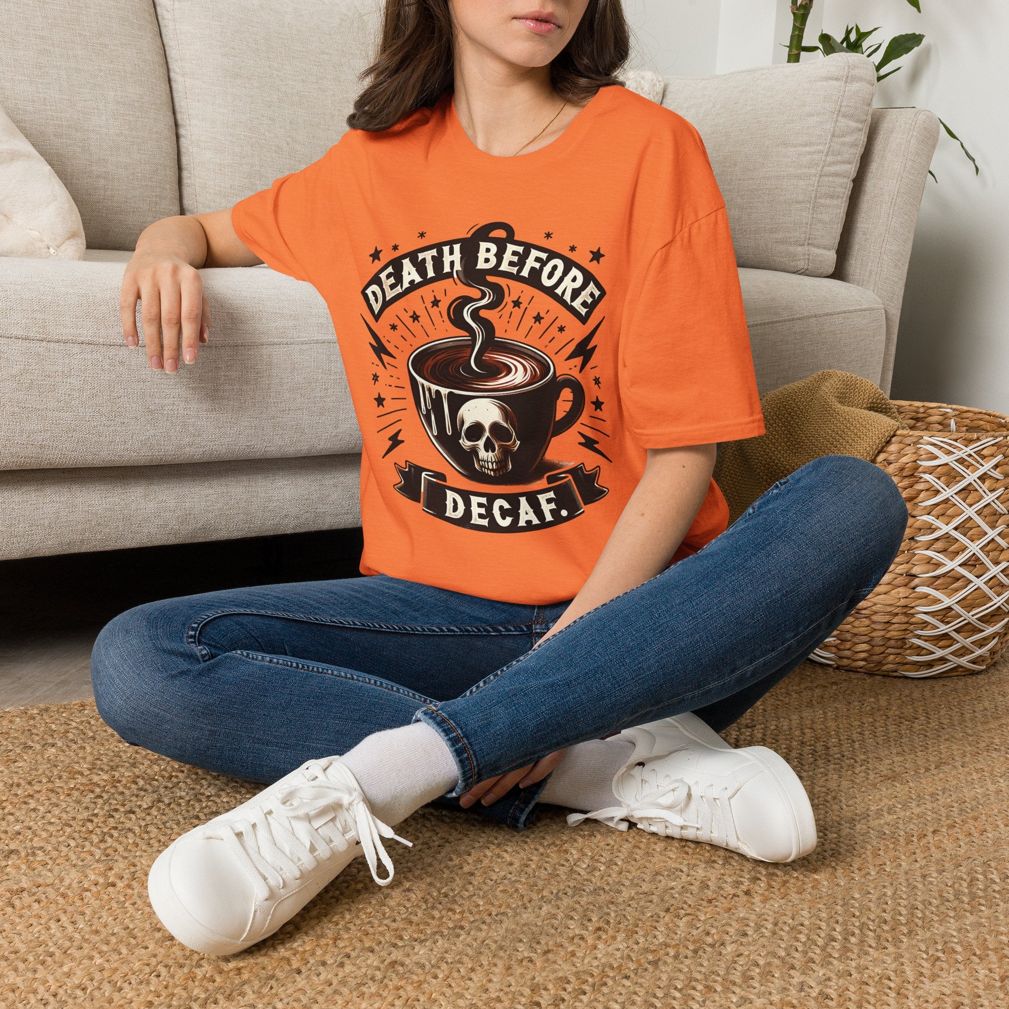Death Before Decaf Coffee T-Shirt — Bold Skull Coffee Lover Tee