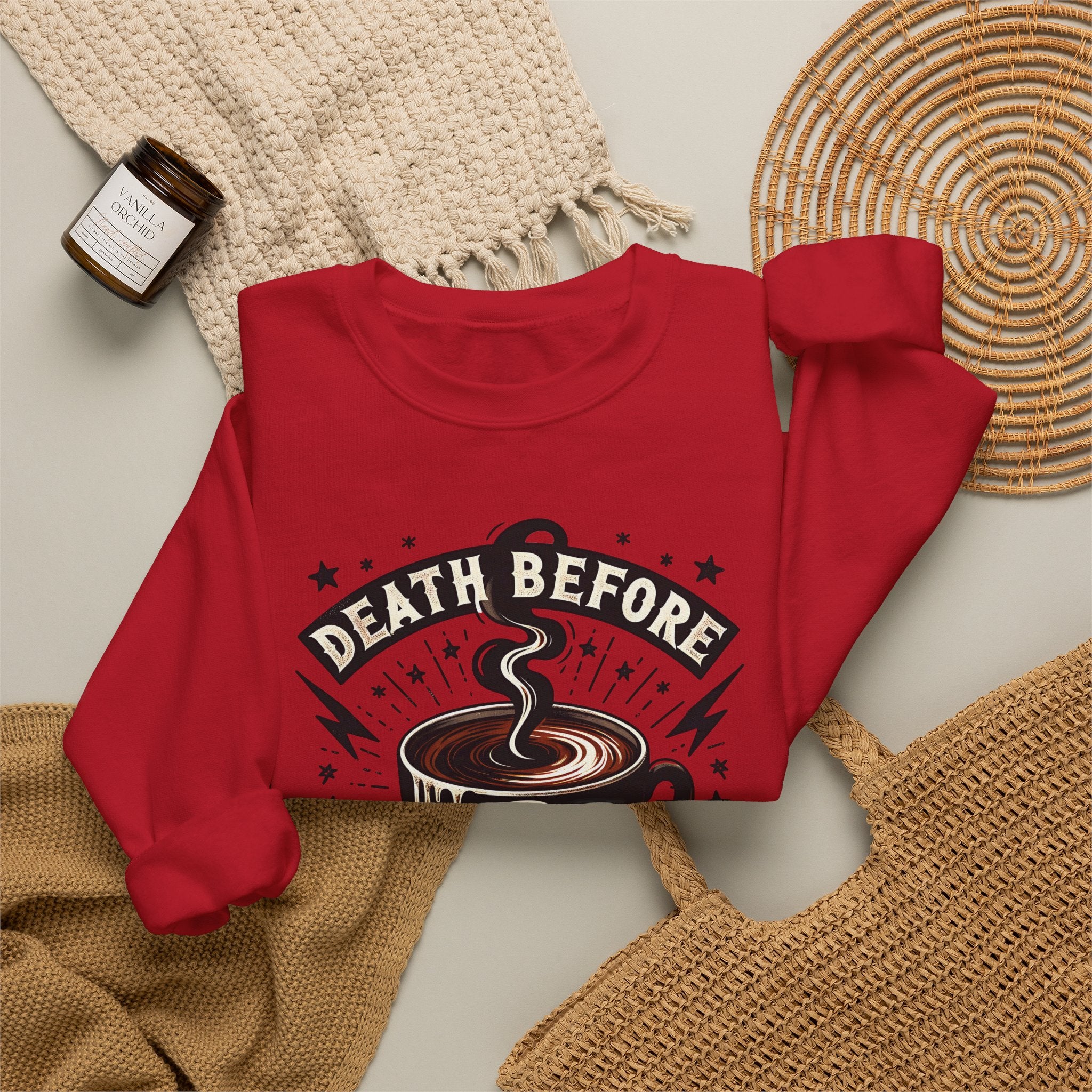 Crewneck Sweatshirt — "Death Before Decaf" Coffee Skull Graphic