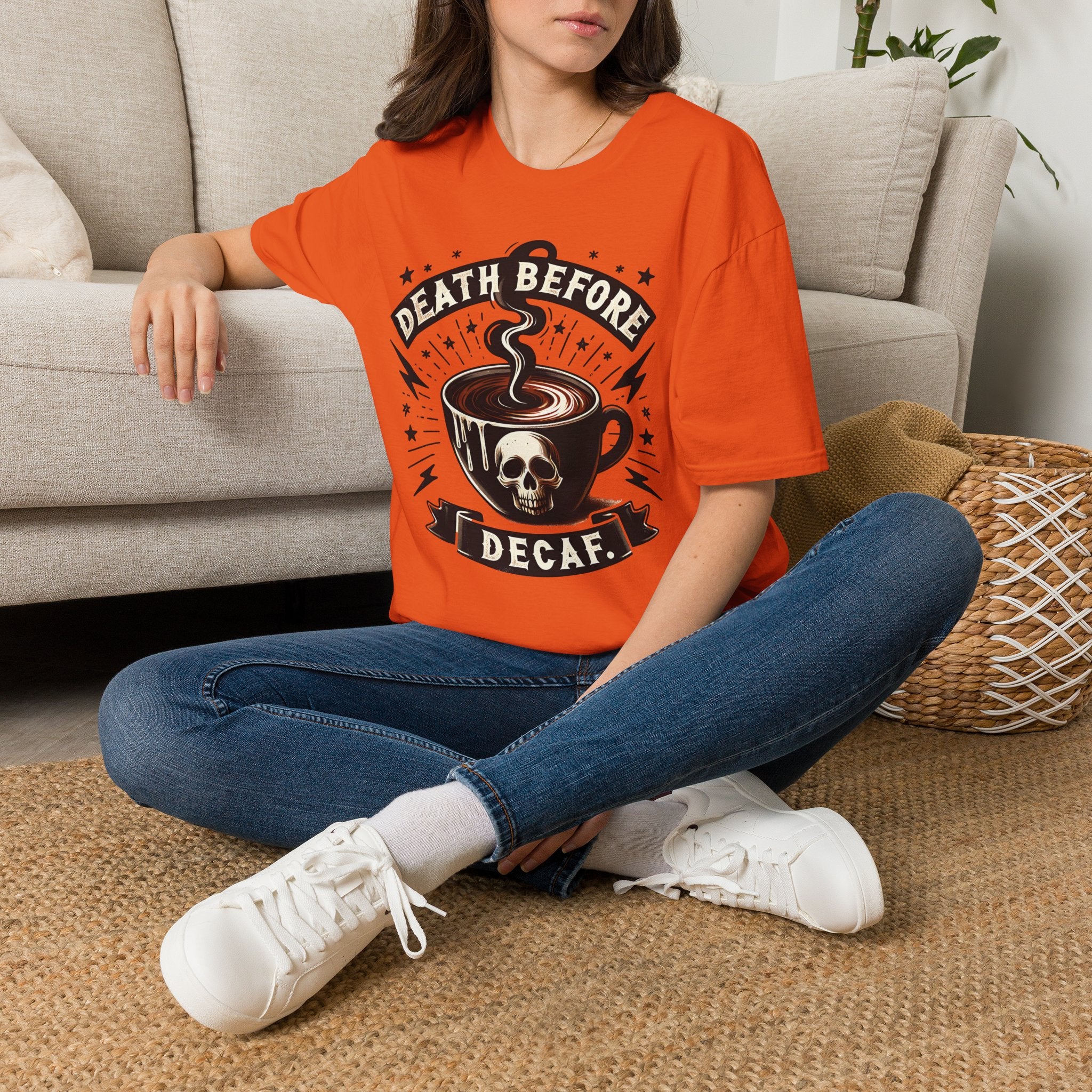 Death Before Decaf Coffee T-Shirt — Bold Skull Coffee Lover Tee