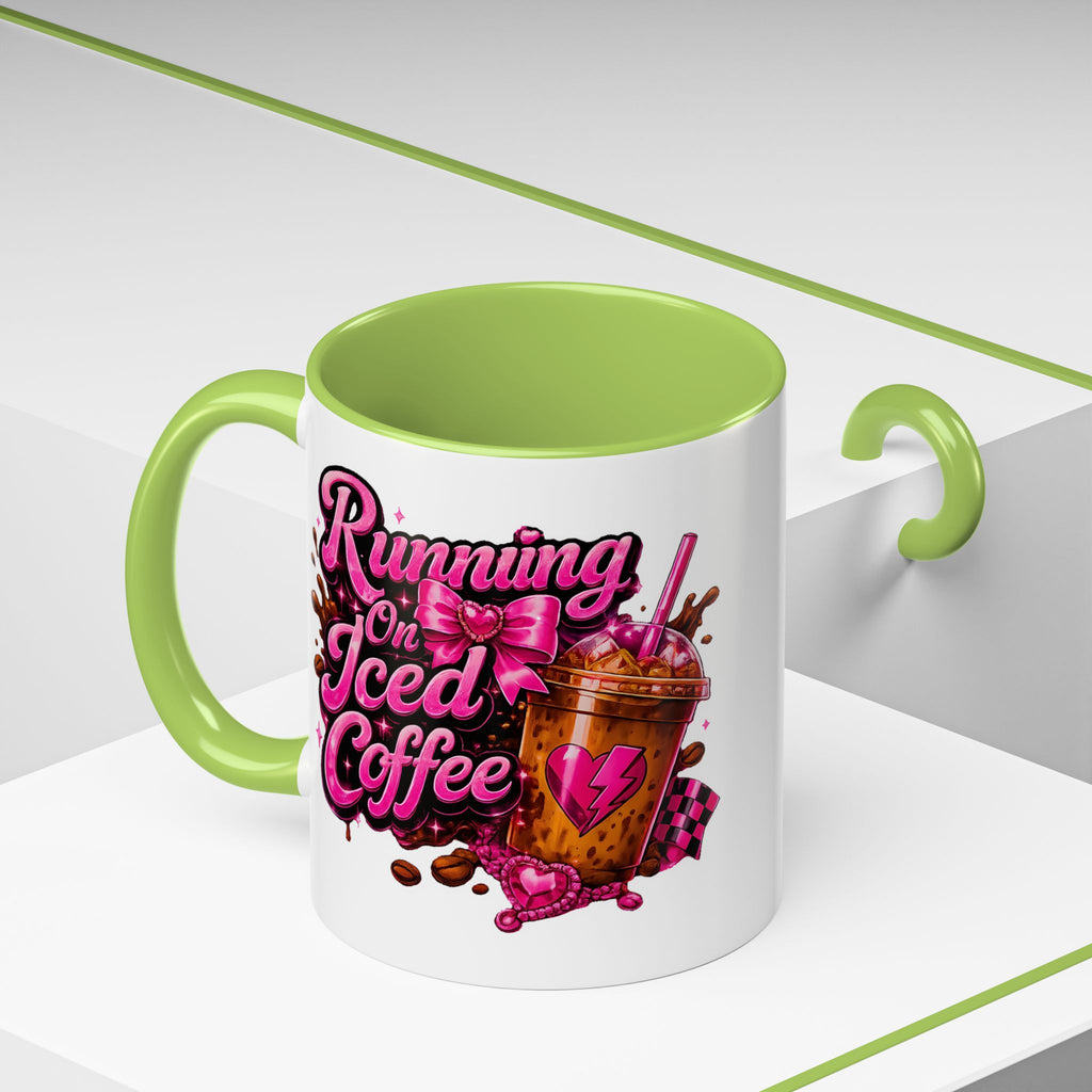 "Running on Iced Coffee" Pink Graphic Accent Mug (11/15oz) — Coffee Mug
