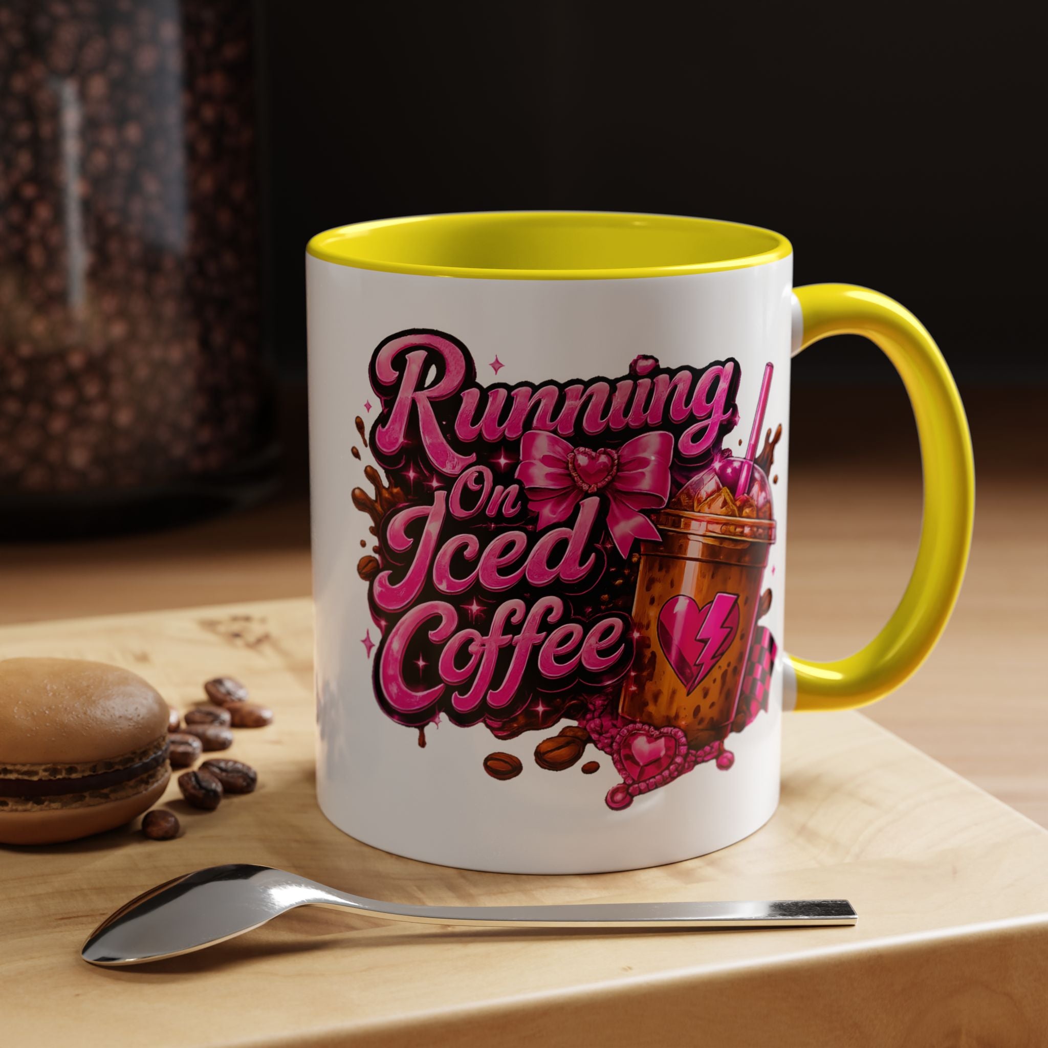 "Running on Iced Coffee" Pink Graphic Accent Mug (11/15oz) — Coffee Mug