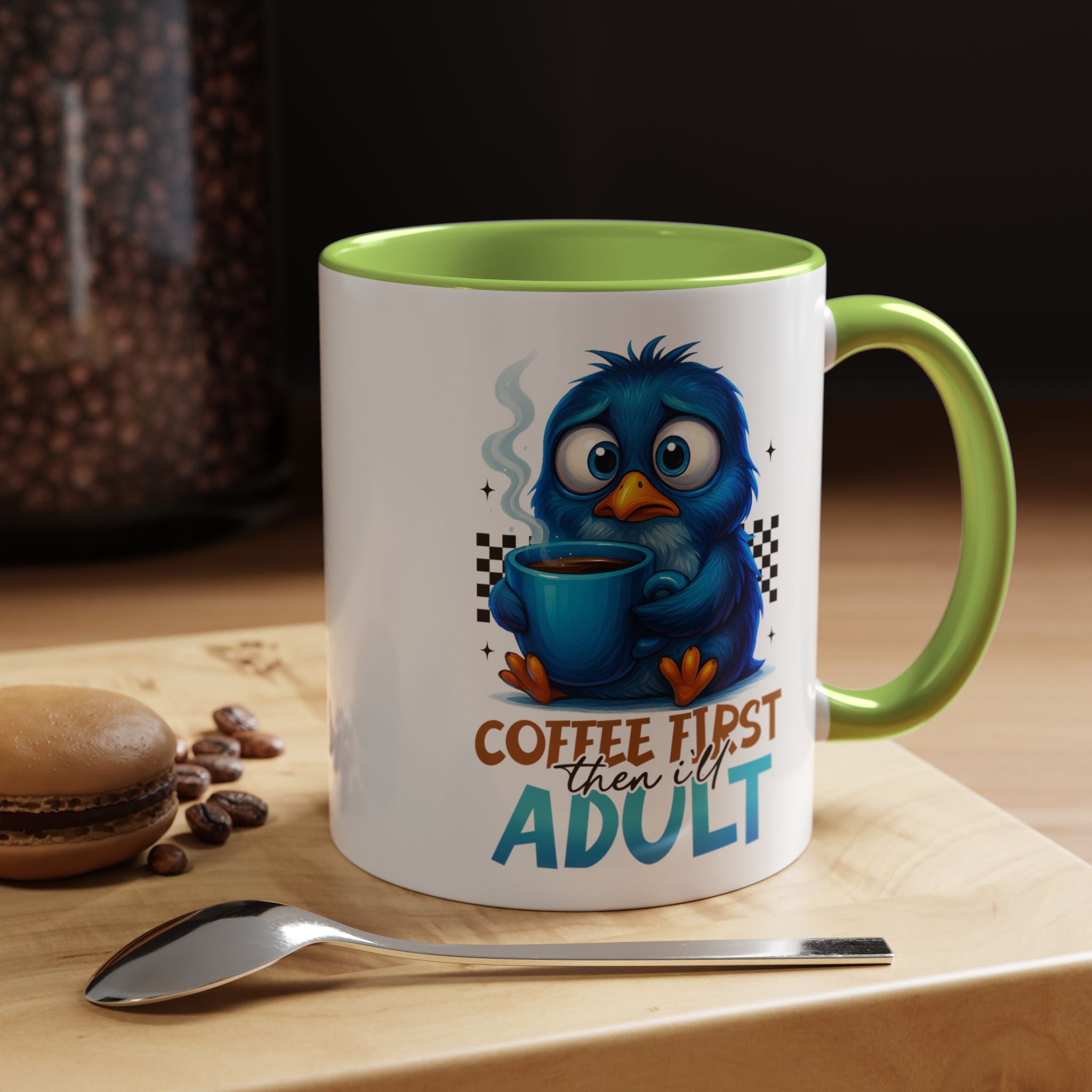 "Coffee First, Then I’ll Adult" Cute Blue Bird Accent Mug —  Coffee Mug