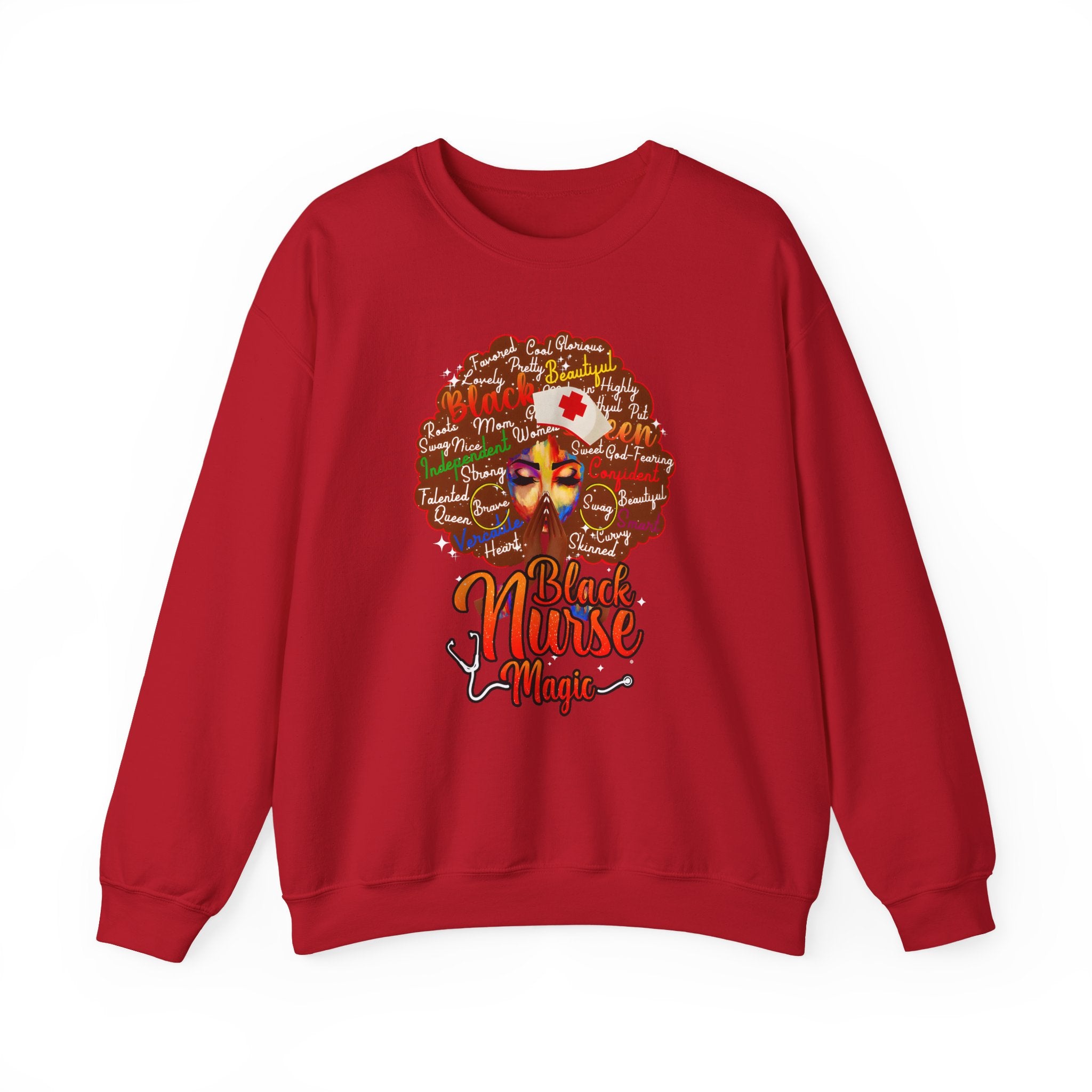 Black Nurse Magic Crewneck Sweatshirt — Brown Afro Nurse Heartbeat Design