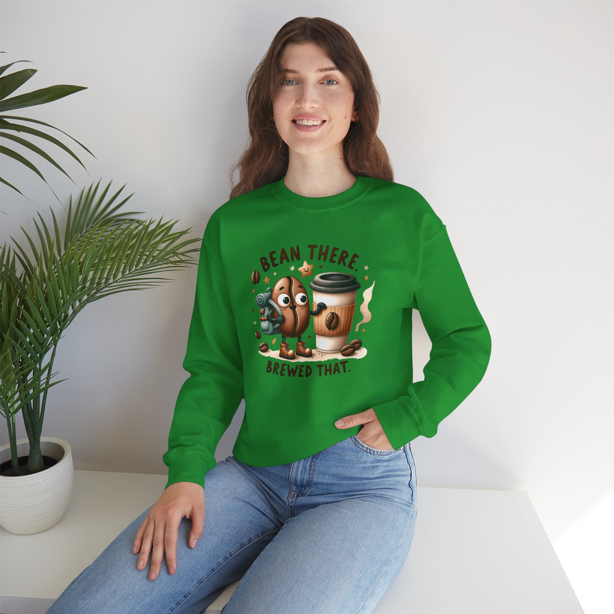 Coffee Crewneck Sweatshirt — “Bean There, Brewed That” Cute Coffee Bean Design