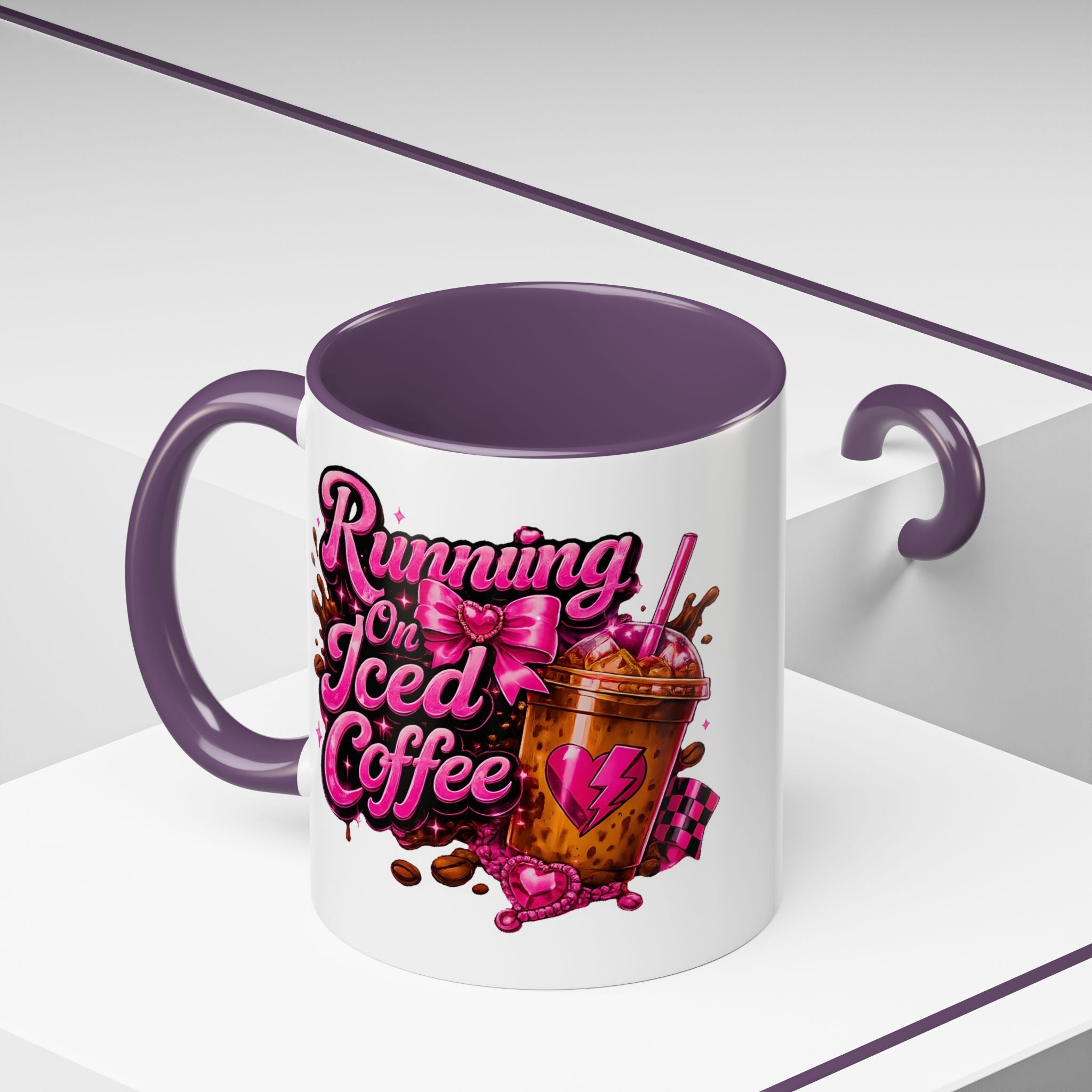 "Running on Iced Coffee" Pink Graphic Accent Mug (11/15oz) — Coffee Mug