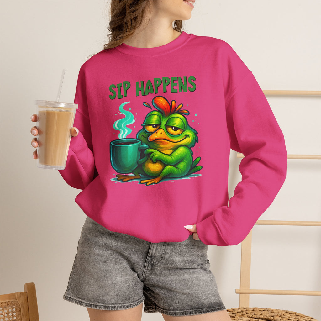 Sip Happens Sweatshirt — Funny Frog Coffee Crewneck