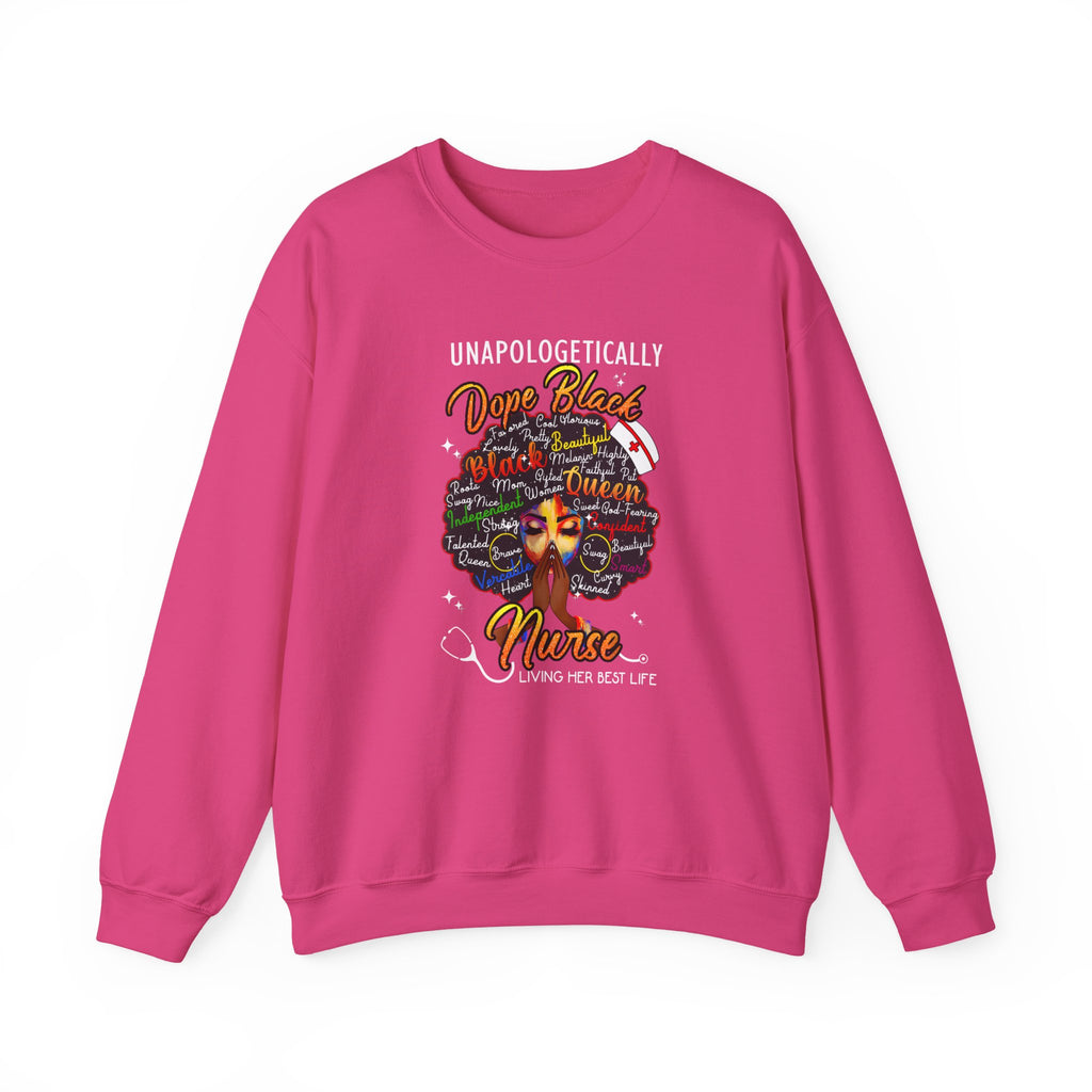 Dope Black Nurse Crewneck Sweatshirt – "Nurse Living Her Best Life" Graphic Black Afro