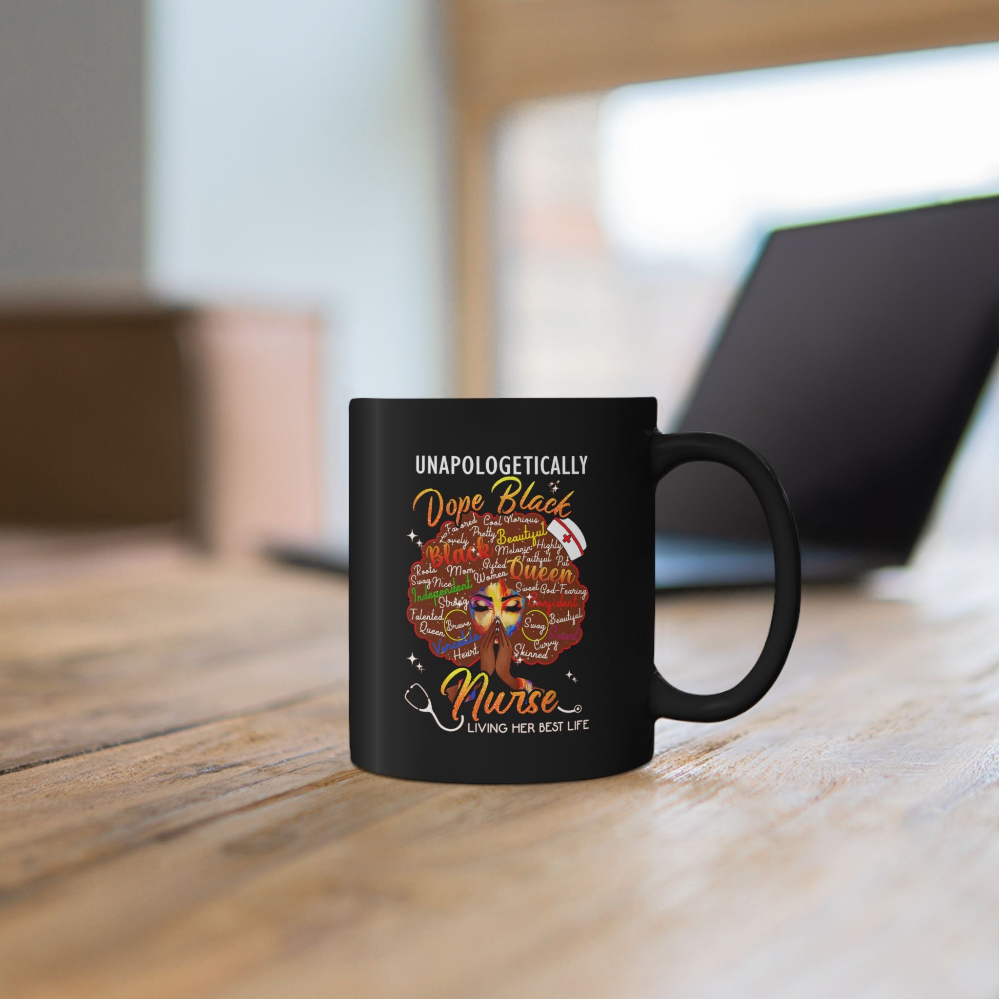 "Unapologetically Dope Black Nurse" Inspirational Black Mug Dope — Black Nurse w/Brown Afro Coffee Mug