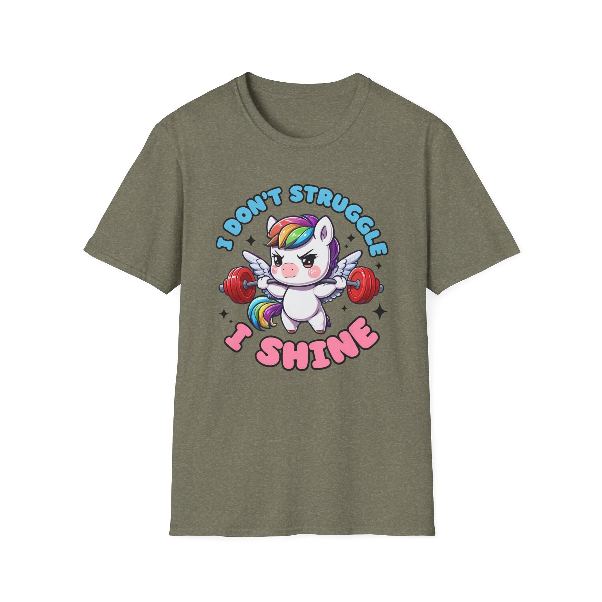 I Don’t Struggle I Shine Unicorn T-Shirt — Cute Rainbow Weightlifting Motivational Tee