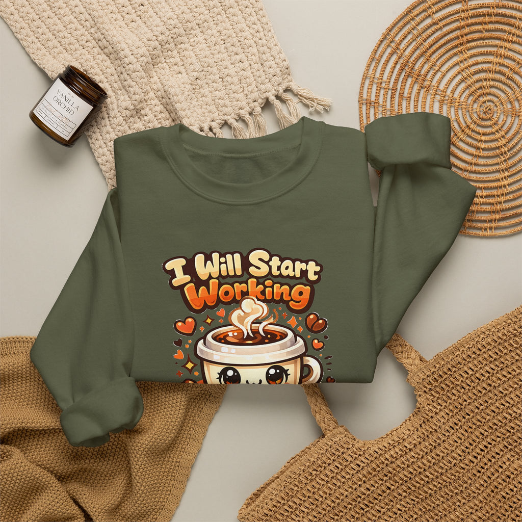 "I Will Start Working When My Coffee Does" Cute Kawaii Crewneck — Coffee Sweatshirt