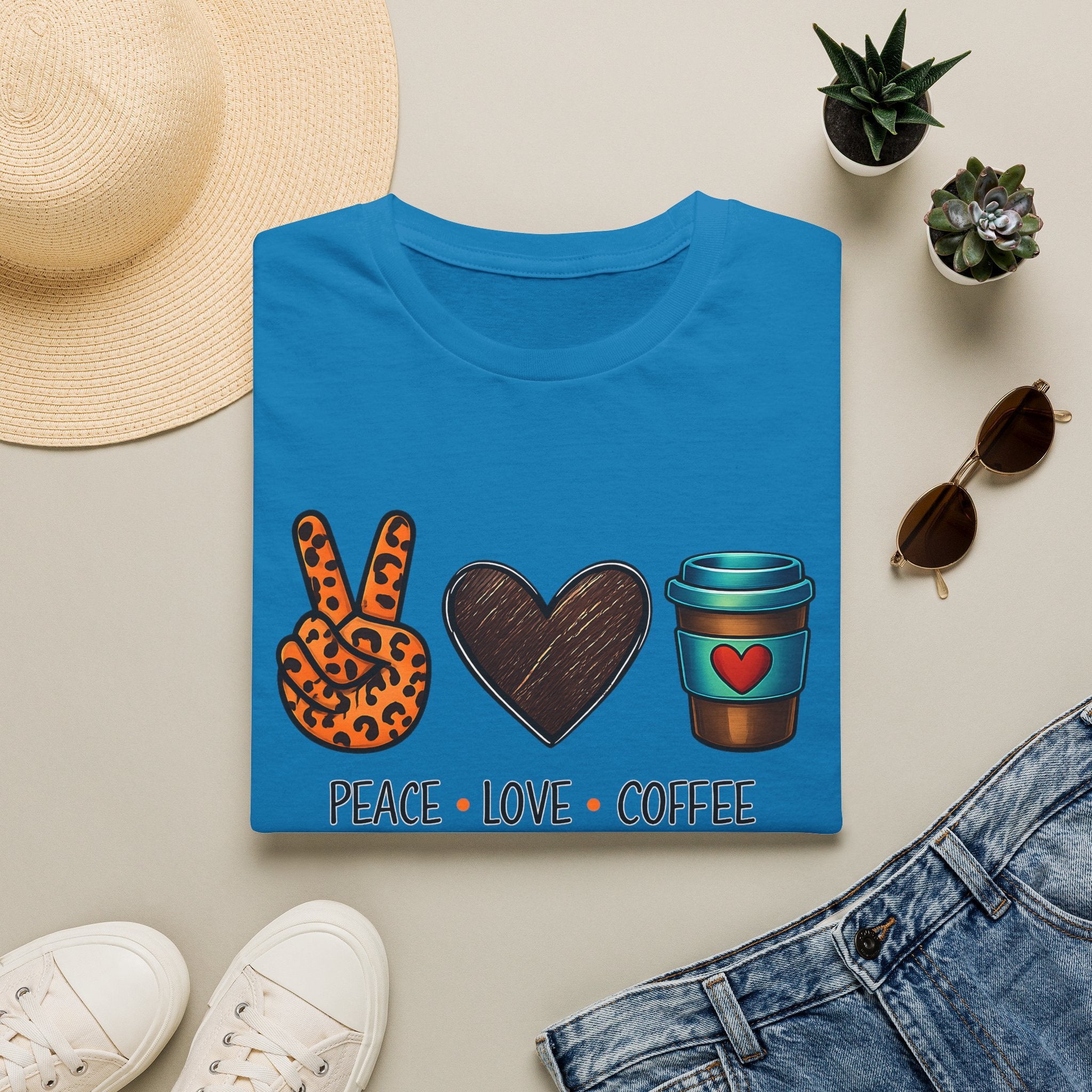 Peace Love Coffee T-Shirt — Retro Leopard Peace Sign & Heart Coffee Cup Tee