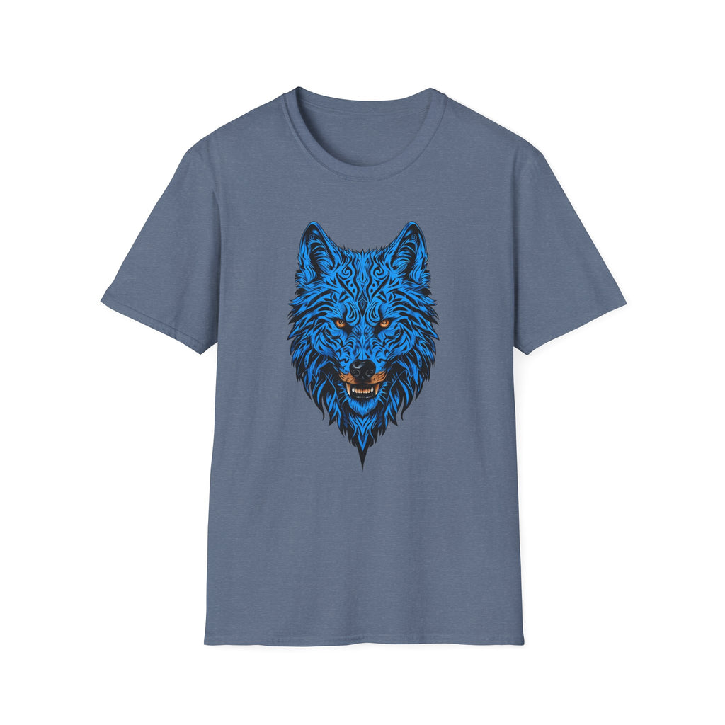 Blue Wolf Head T-Shirt – Stylized Tribal Wolf Graphic Tee