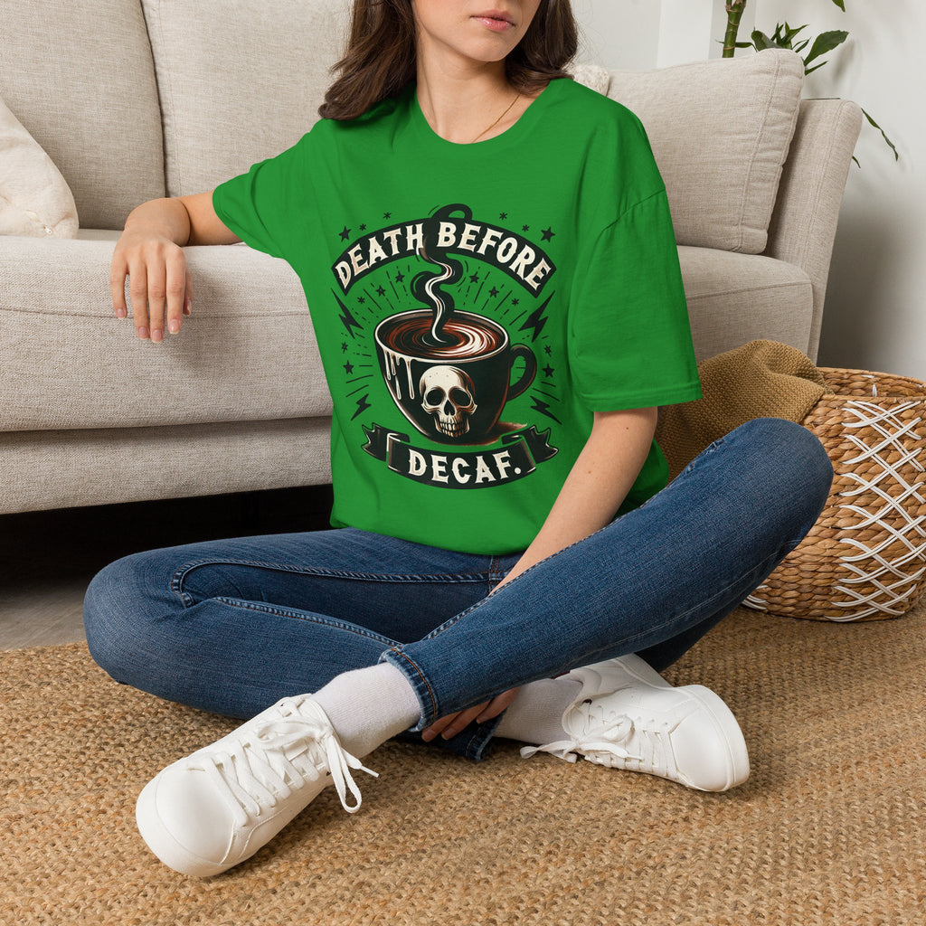 Death Before Decaf Coffee T-Shirt — Bold Skull Coffee Lover Tee