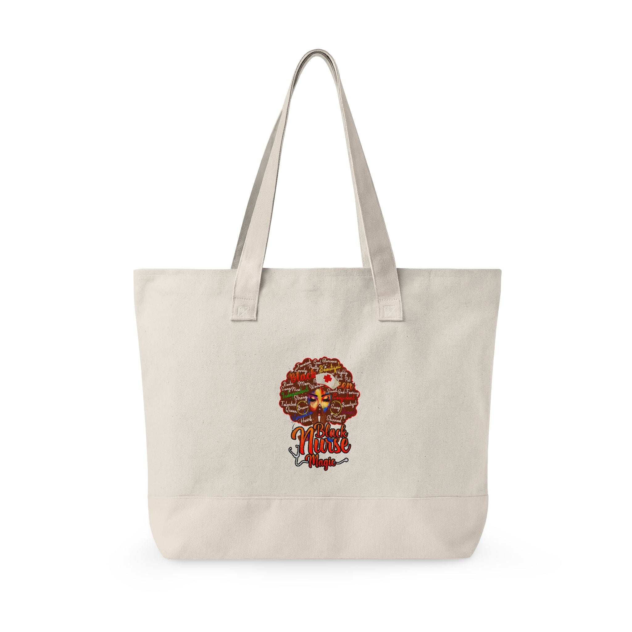 Black Nurse Magic w/Brown Afro Canvas Tote — Zippered Floral Calavera Bag