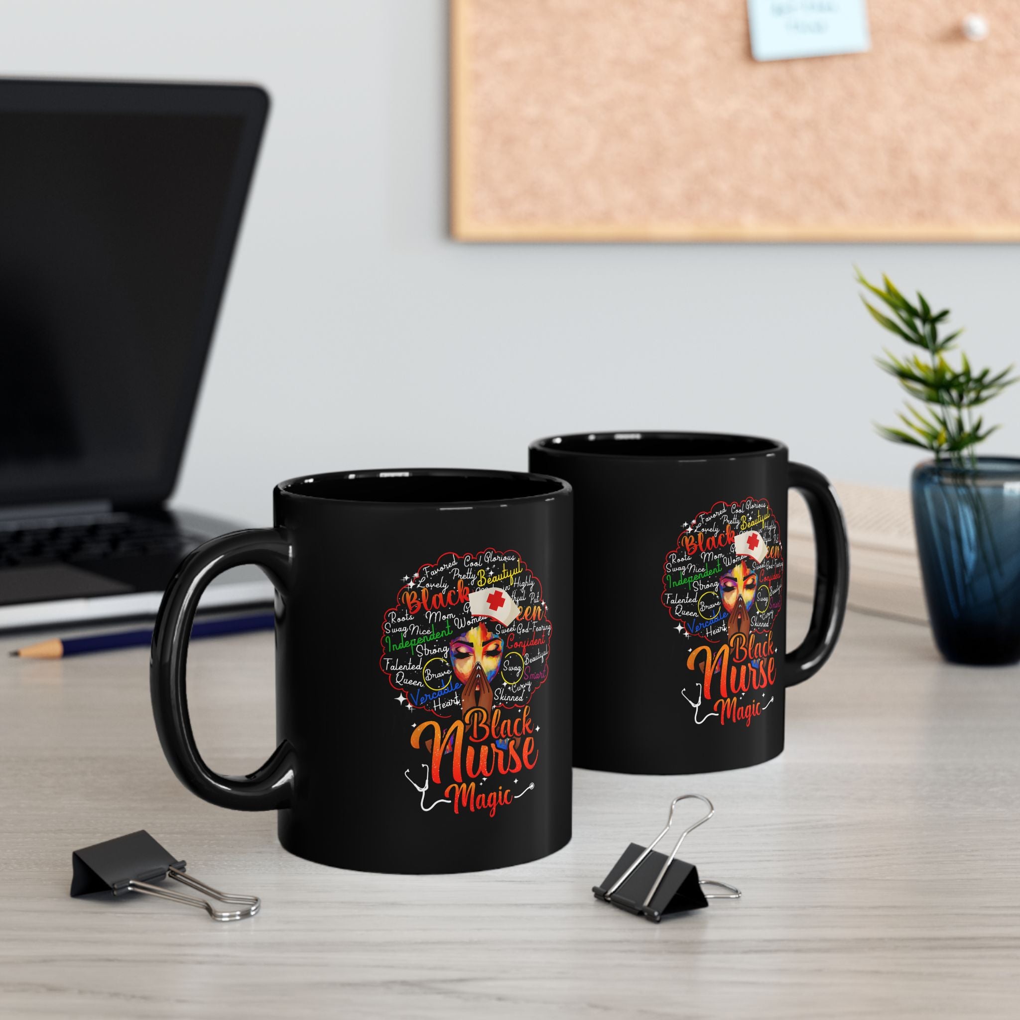 Black Nurse Magic Mug w/Black Afro — 11oz/15oz Black Ceramic Coffee Cup