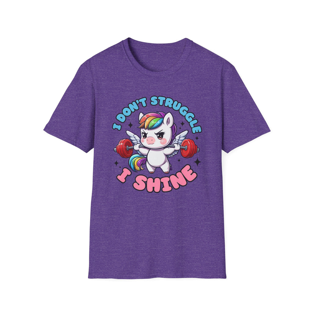 I Don’t Struggle I Shine Unicorn T-Shirt — Cute Rainbow Weightlifting Motivational Tee