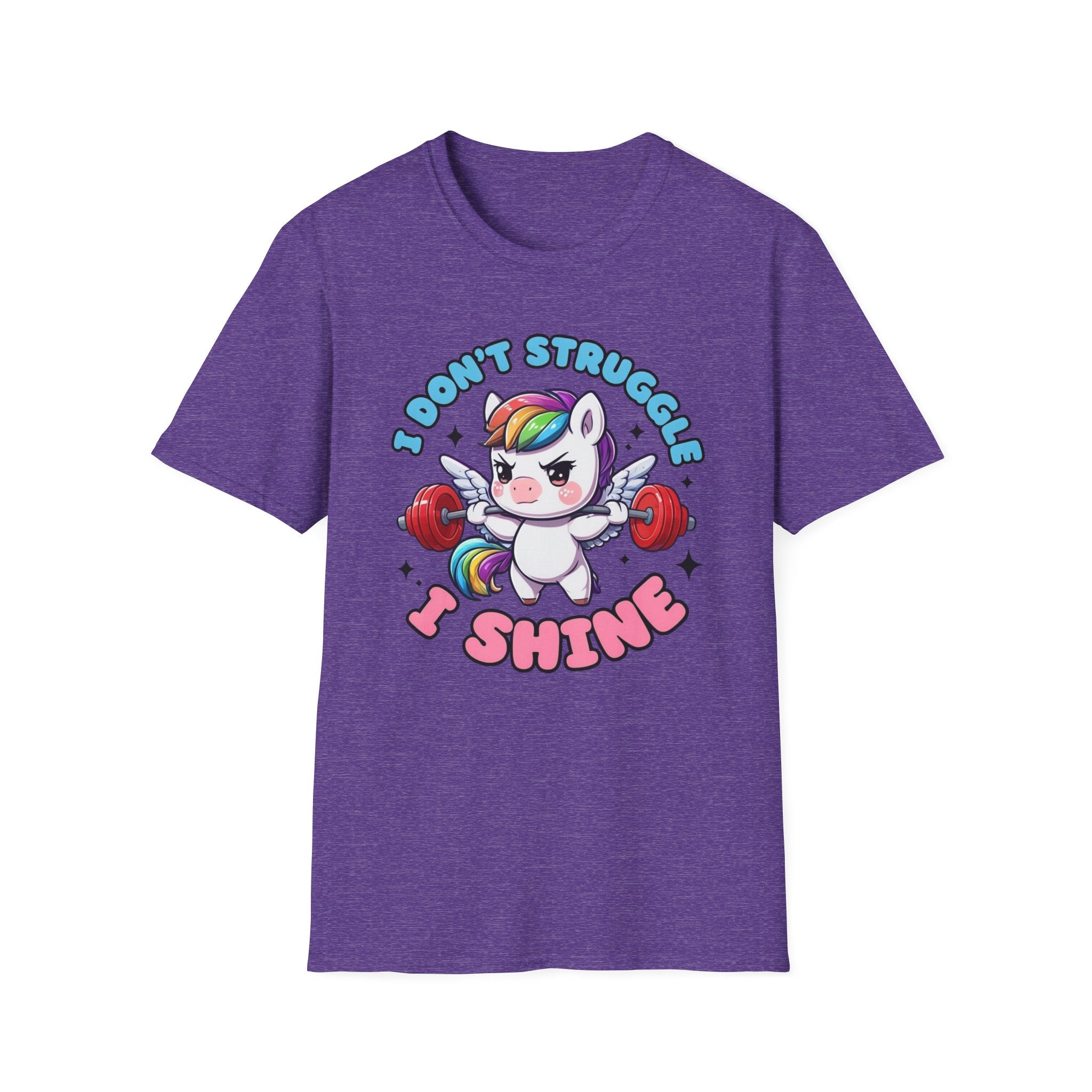 I Don’t Struggle I Shine Unicorn T-Shirt — Cute Rainbow Weightlifting Motivational Tee