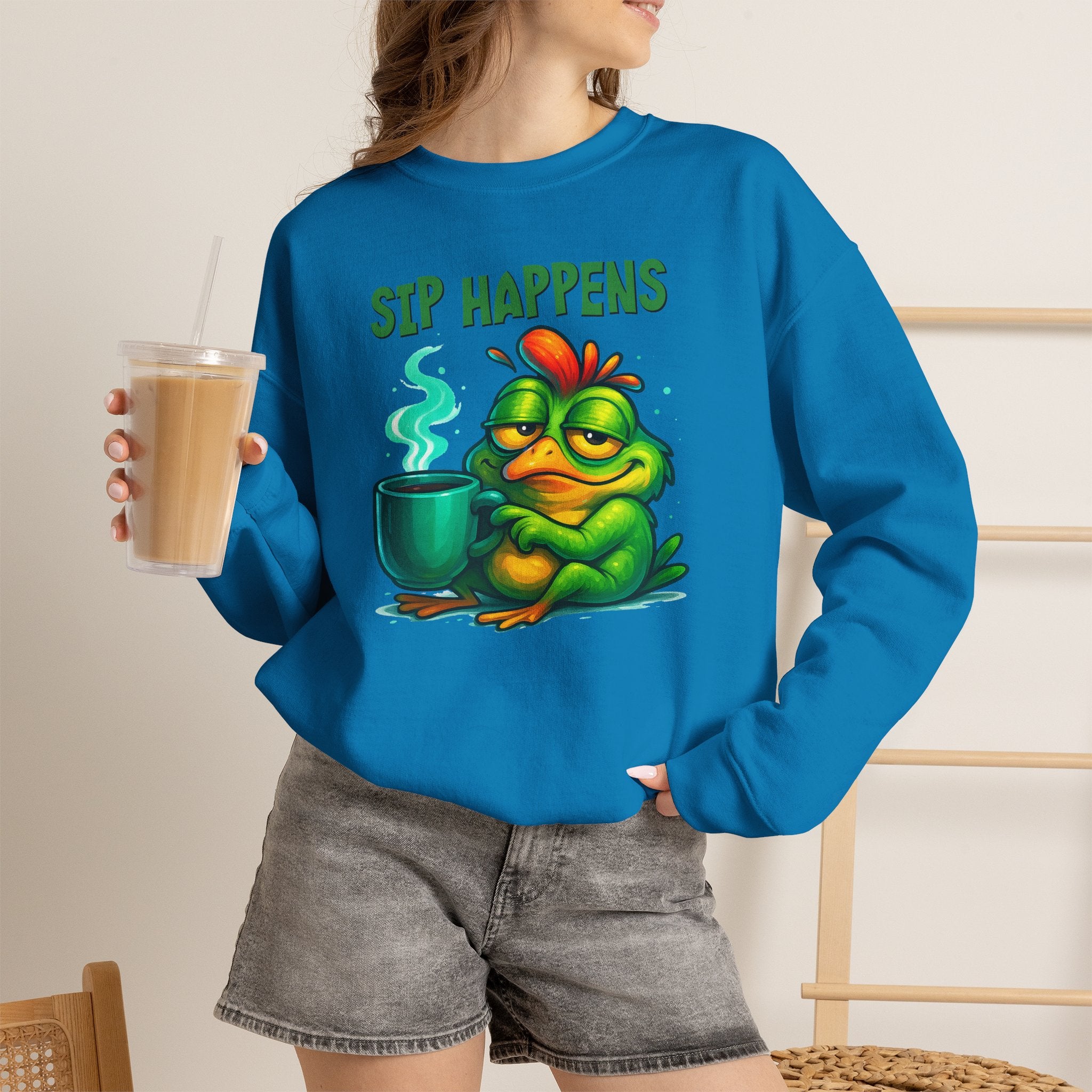 Sip Happens Sweatshirt — Funny Frog Coffee Crewneck