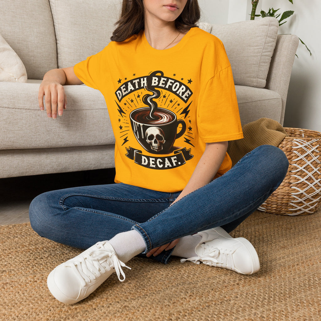 Death Before Decaf Coffee T-Shirt — Bold Skull Coffee Lover Tee