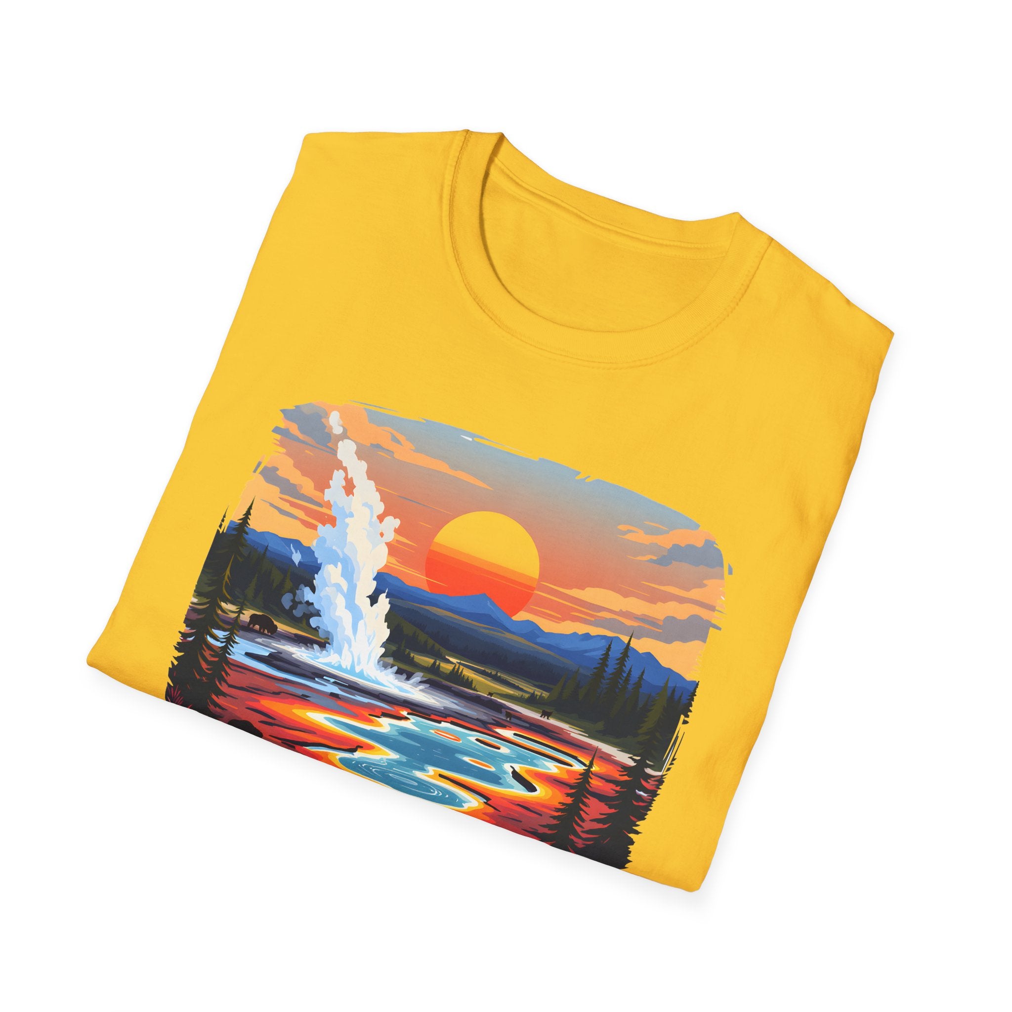 Yellowstone National Park Scenic T-Shirt — Geyser Sunset Graphic Tee