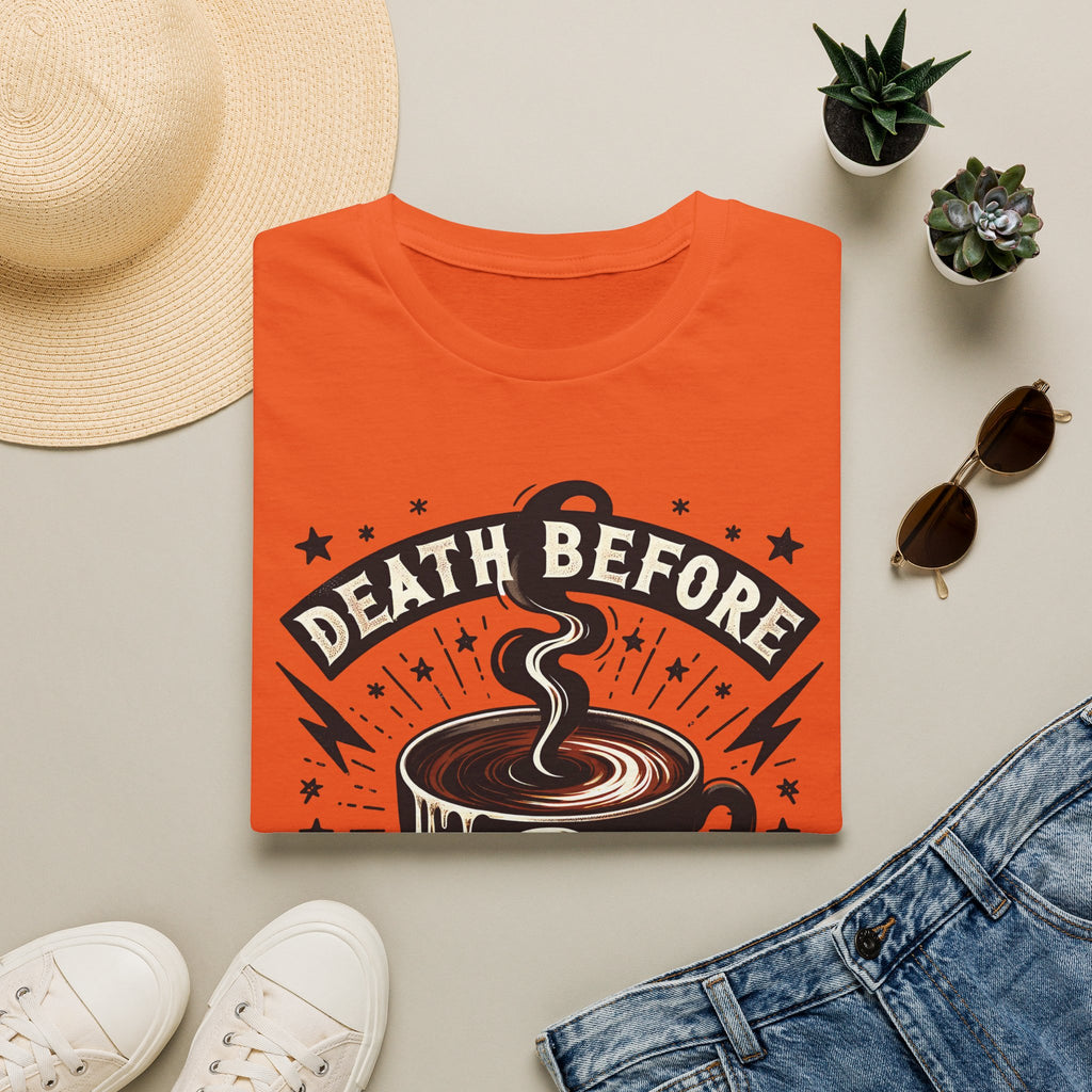 Death Before Decaf Coffee T-Shirt — Bold Skull Coffee Lover Tee