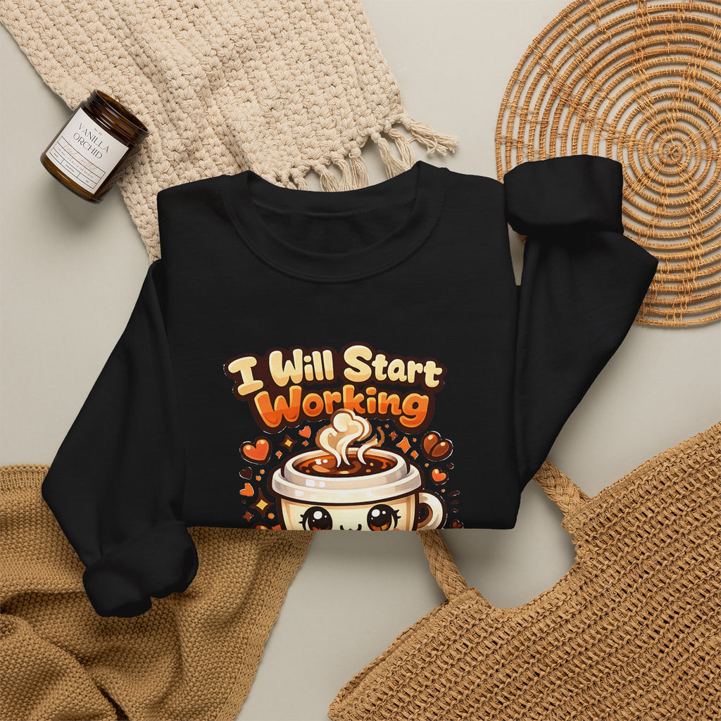 "I Will Start Working When My Coffee Does" Cute Kawaii Crewneck — Coffee Sweatshirt