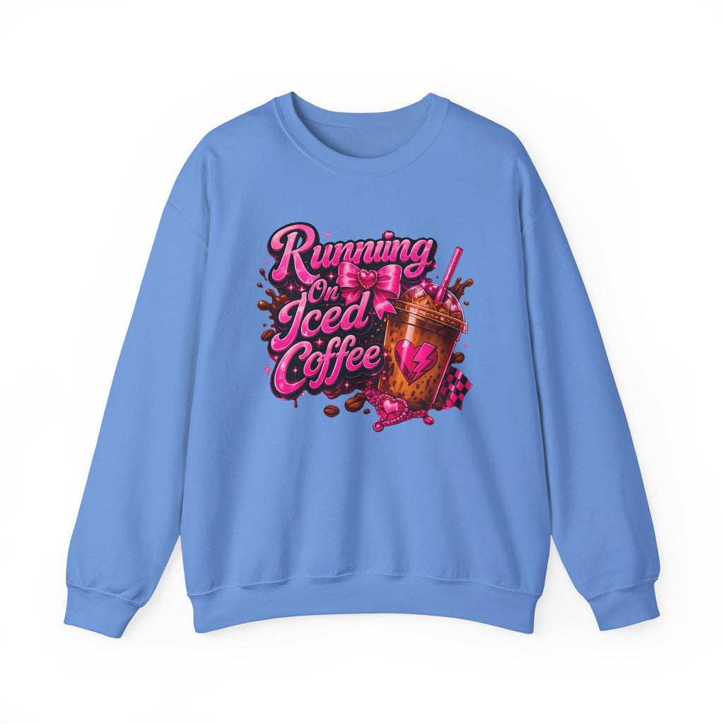 "Running On Iced Coffee" Graphic Cozy Coffee Lover — Pullover Crewneck Sweatshirt
