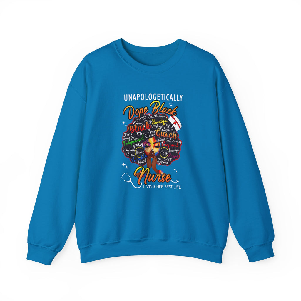Dope Black Nurse Crewneck Sweatshirt – "Nurse Living Her Best Life" Graphic Black Afro