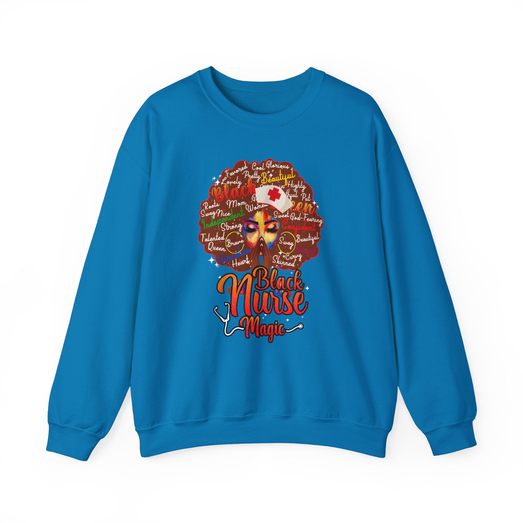 Black Nurse Magic Crewneck Sweatshirt — Brown Afro Nurse Heartbeat Design