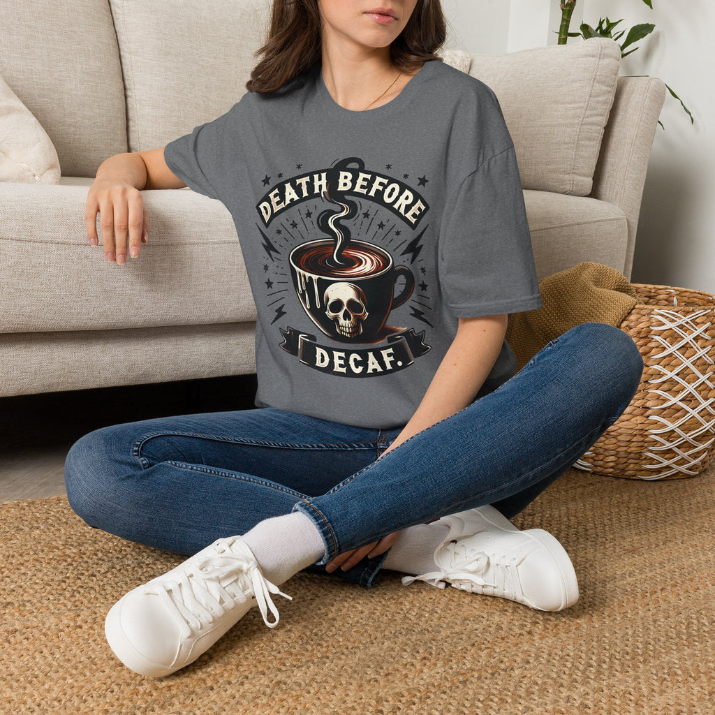 Death Before Decaf Coffee T-Shirt — Bold Skull Coffee Lover Tee
