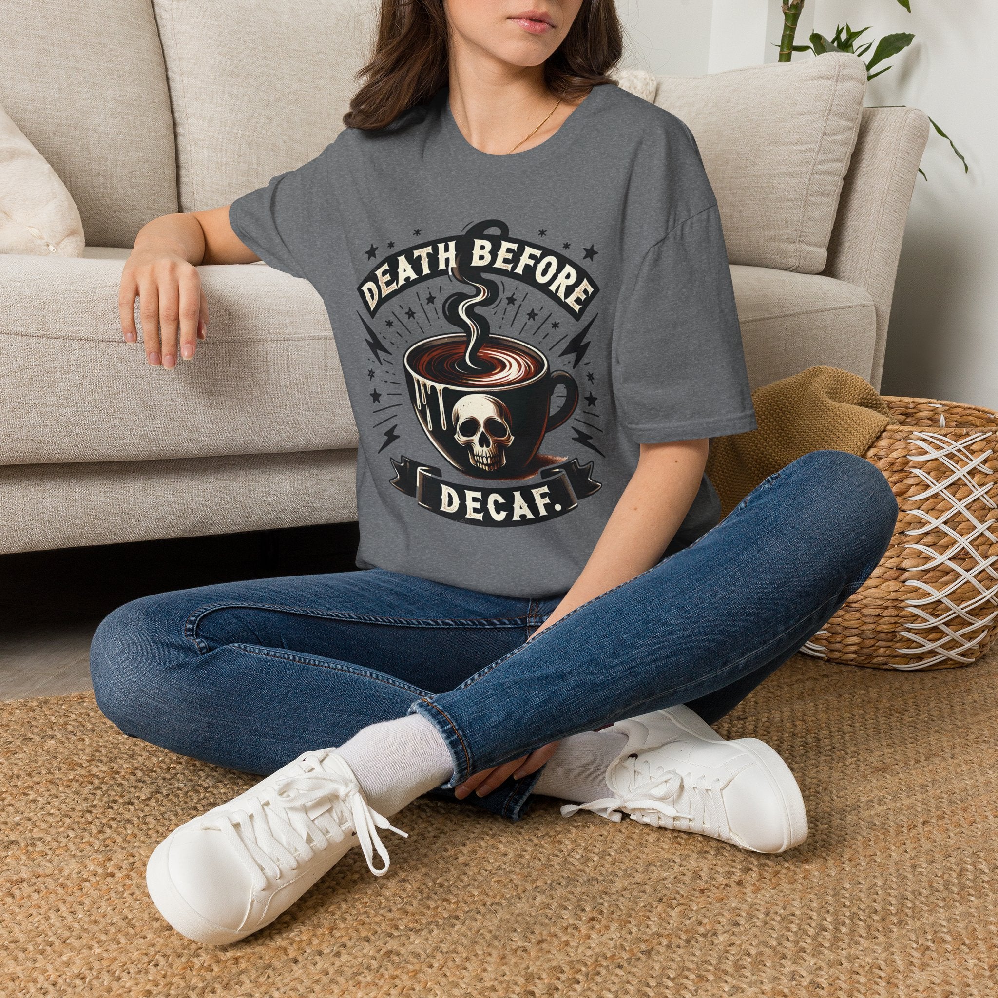 Death Before Decaf Coffee T-Shirt — Bold Skull Coffee Lover Tee
