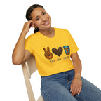 Peace Love Coffee T-Shirt — Retro Leopard Peace Sign & Heart Coffee Cup Tee
