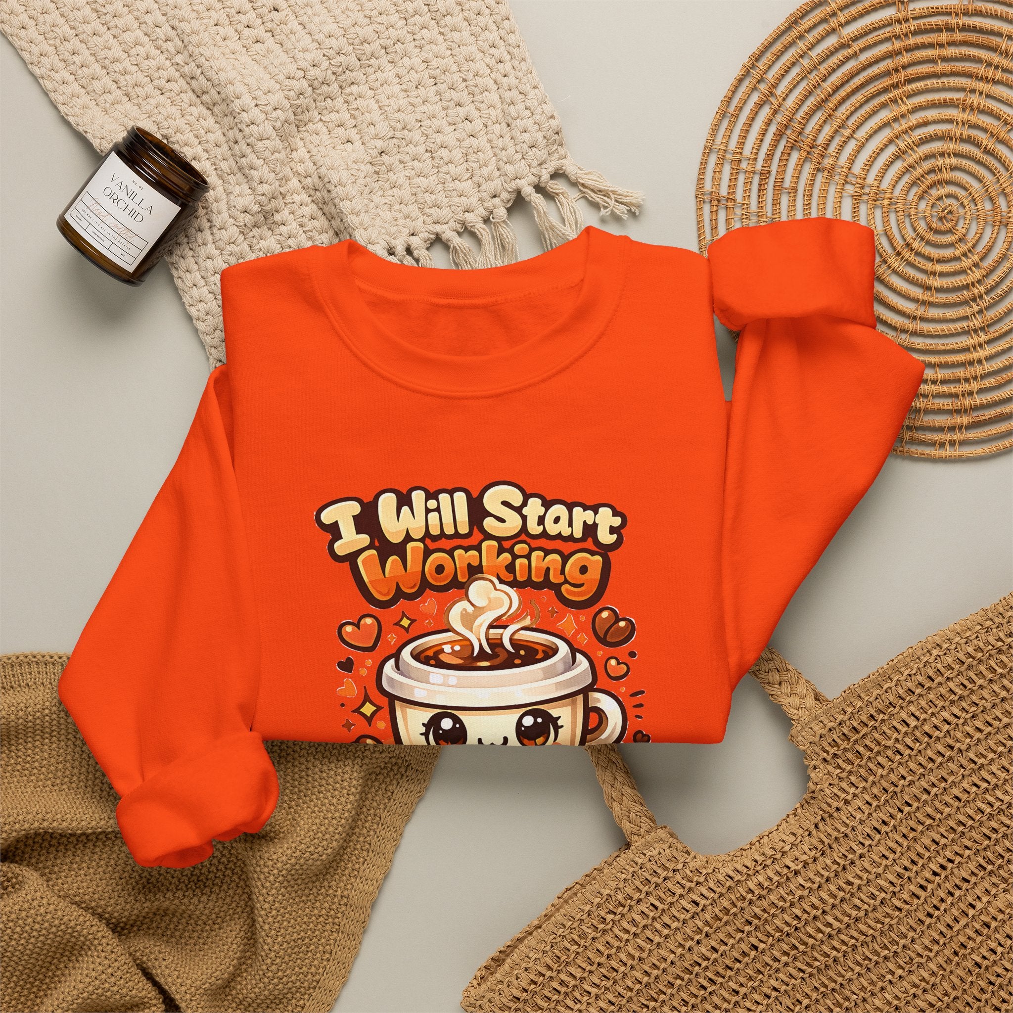 "I Will Start Working When My Coffee Does" Cute Kawaii Crewneck — Coffee Sweatshirt