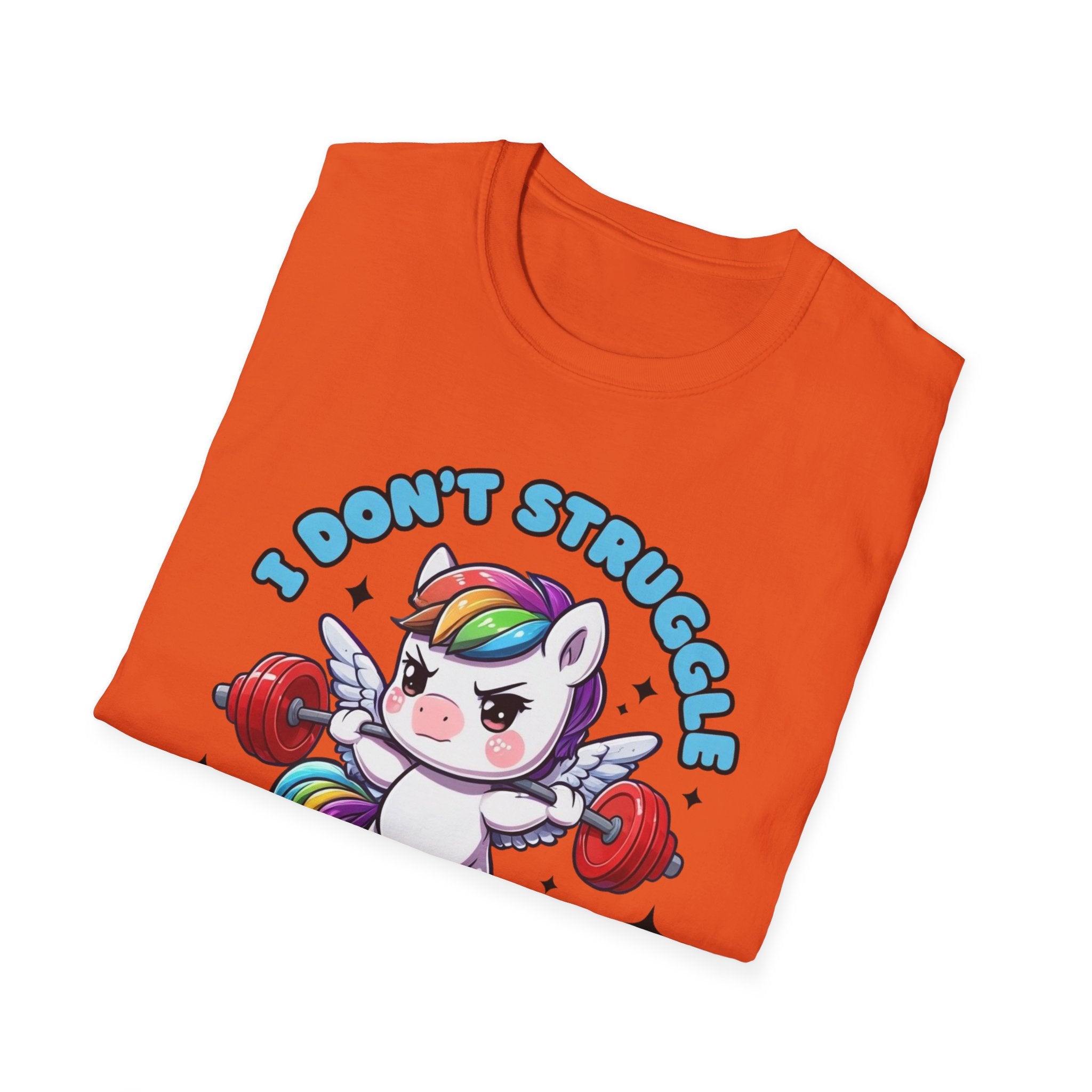 I Don’t Struggle I Shine Unicorn T-Shirt — Cute Rainbow Weightlifting Motivational Tee